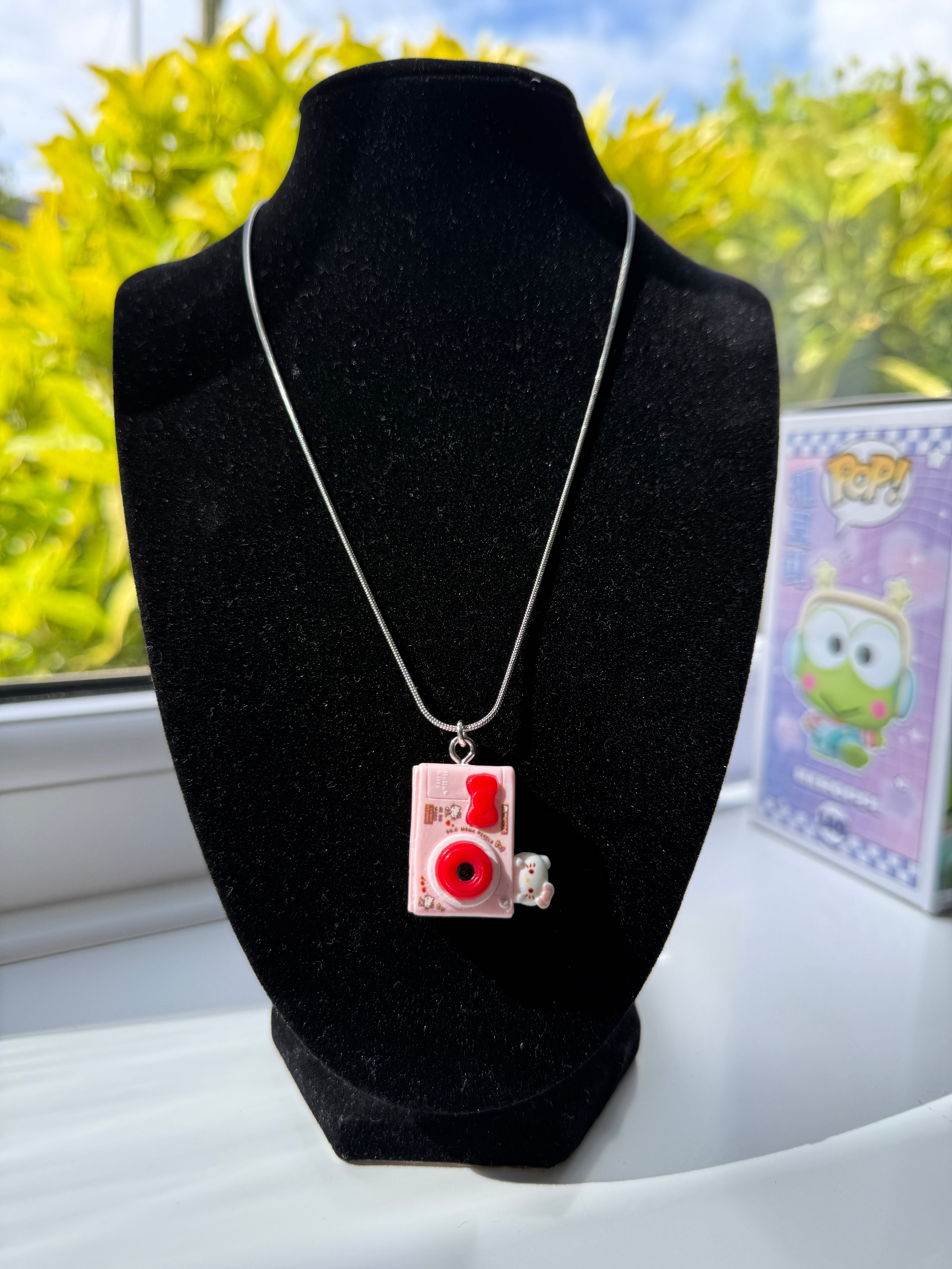 Hello Kitty Inspired Camera Necklace, Stainless Steel Snake Chain 18in | Kawaii Y2K Pendant Necklace
