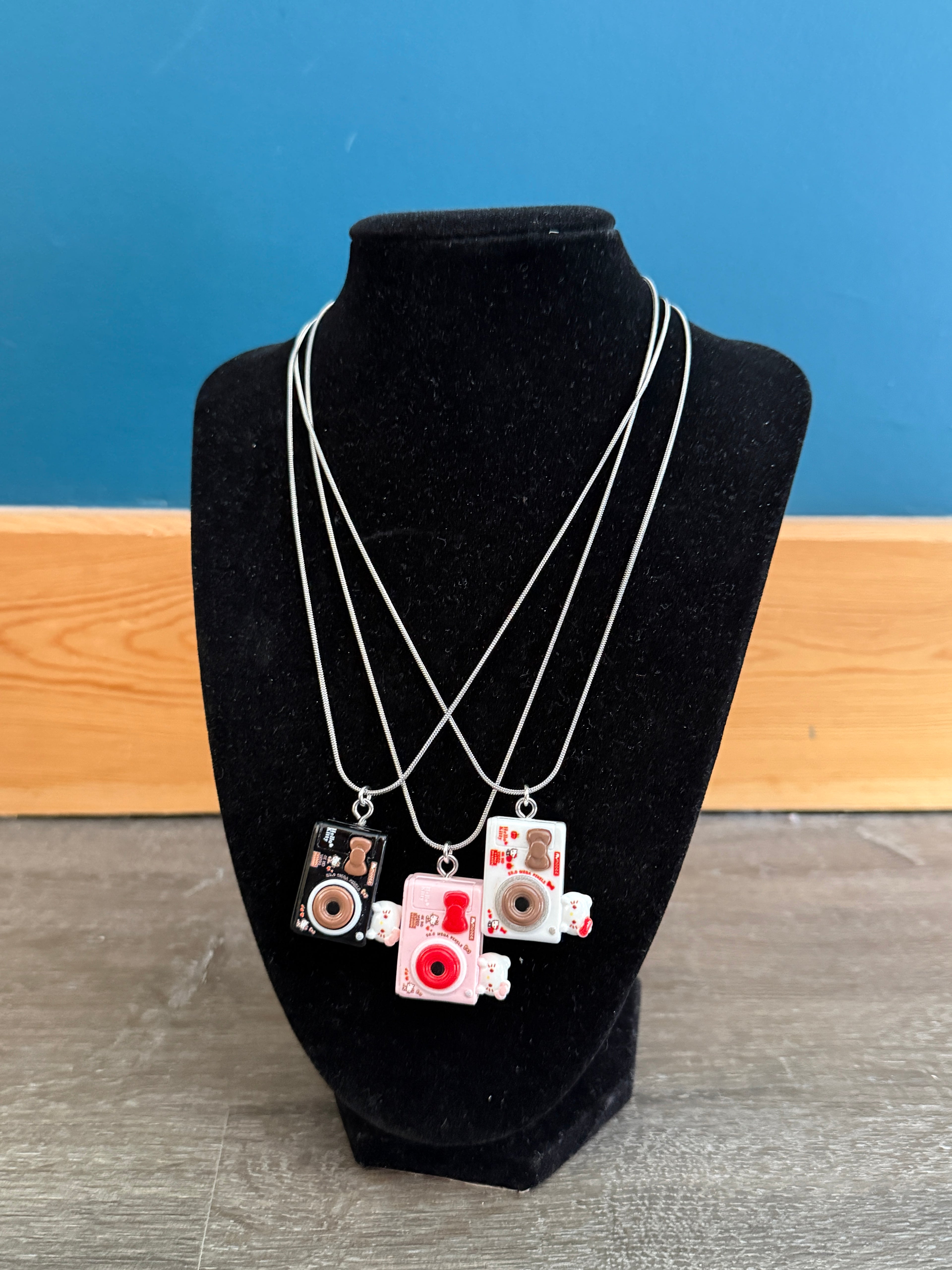 Hello Kitty Inspired Camera Necklace, Stainless Steel Snake Chain 18in | Kawaii Y2K Pendant Necklace