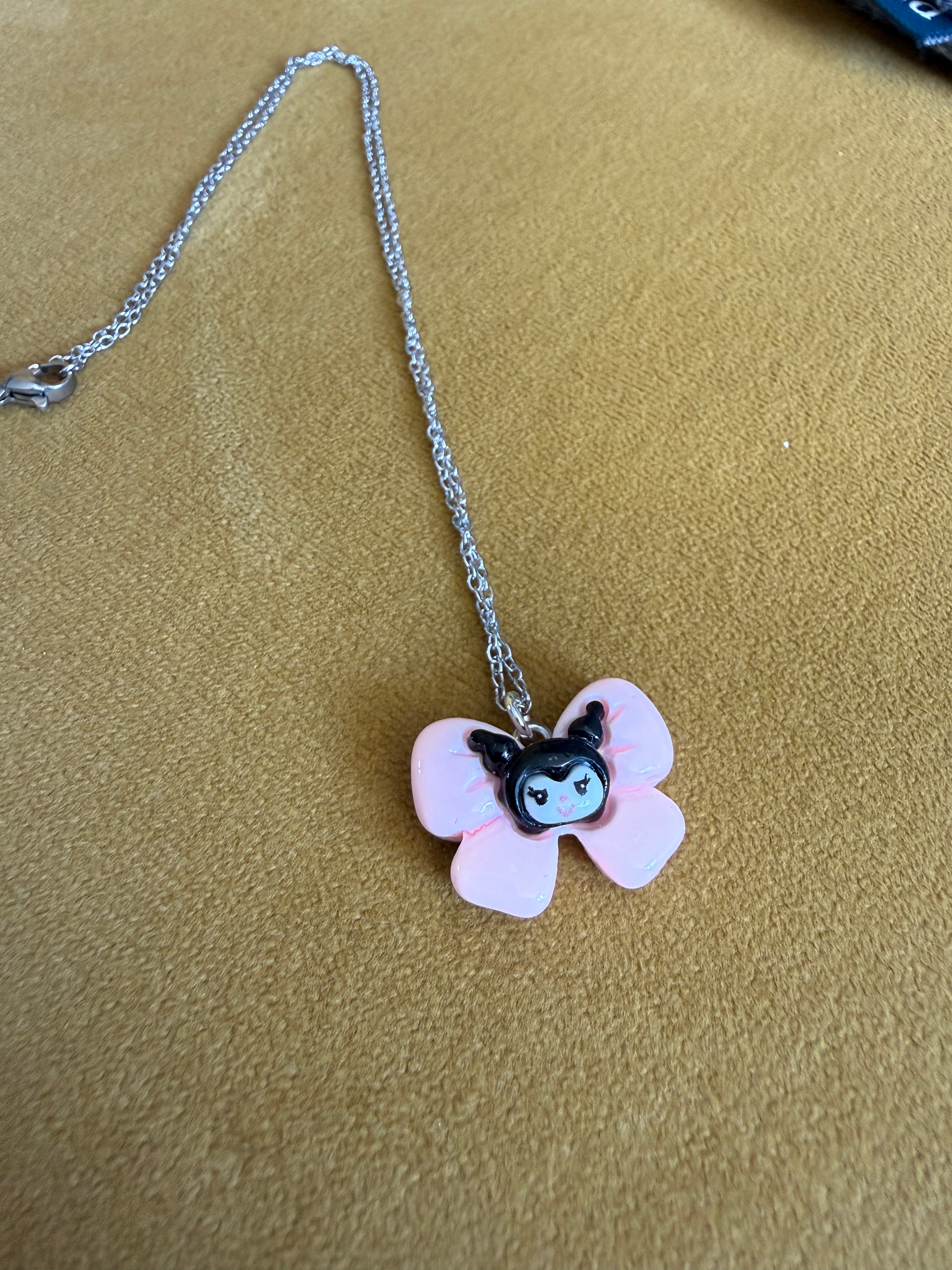 Kuromi Inspired Bow Necklace, Stainless Steel Chain 18in | Kawaii Y2K Pendant Necklace