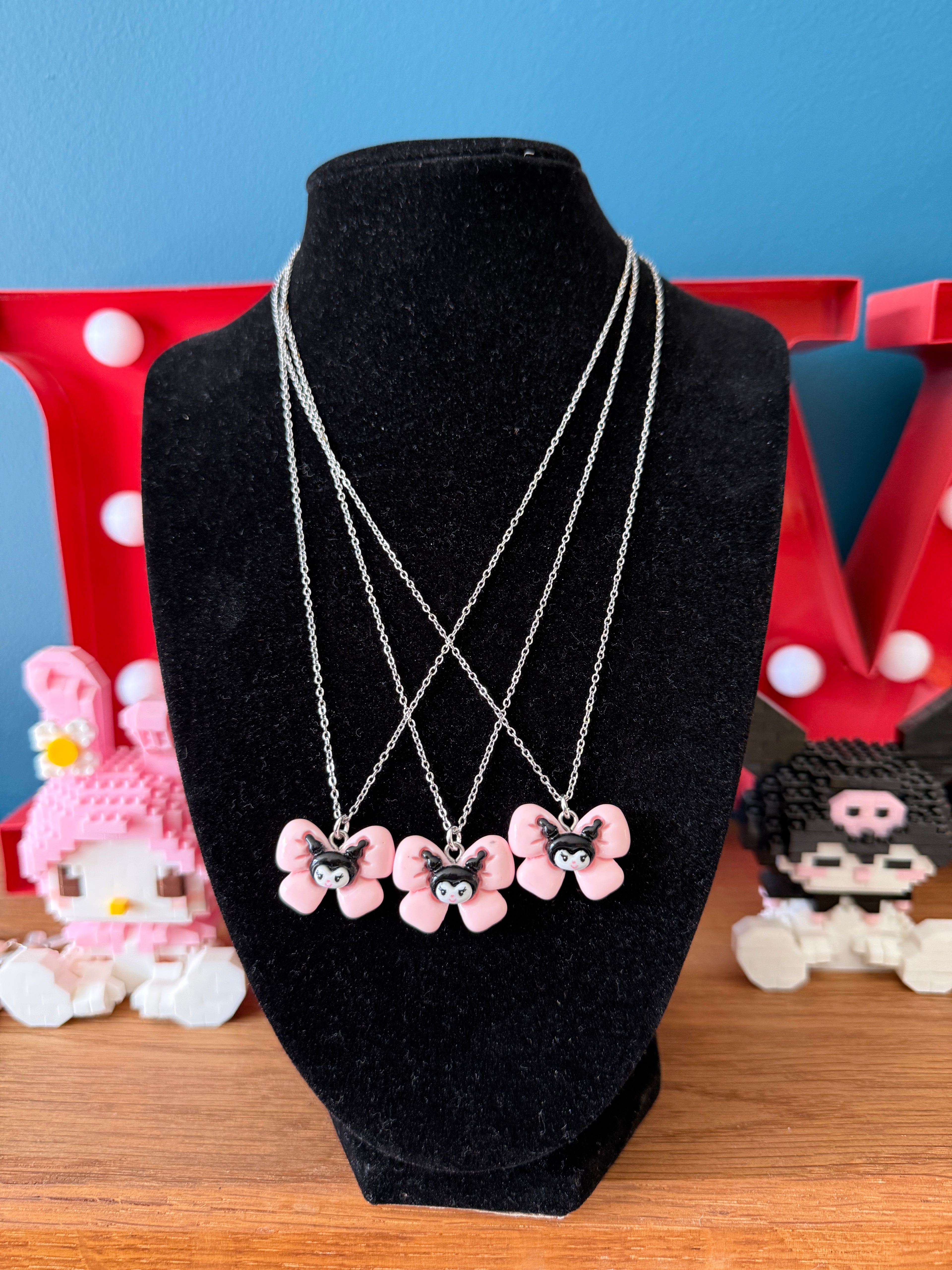 Kuromi Inspired Bow Necklace, Stainless Steel Chain 18in | Kawaii Y2K Pendant Necklace