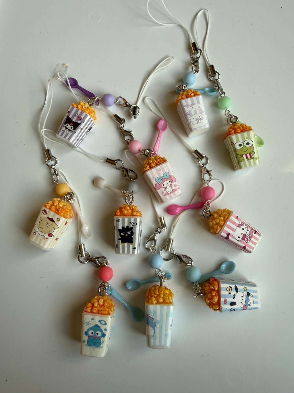 Sanrio Inspired Popcorn Phone Charms – Kuromi, Hello Kitty, Keroppi, Cinnamoroll Kawaii Popcorn Keychains, Cute Anime Bag Charm