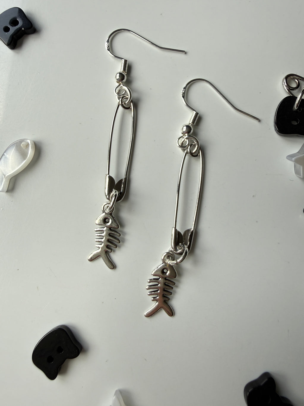 Black Cat Fishbone Safety Pin Earrings | Sterling Silver Ear Hooks | Gothic Kawaii Jewellery