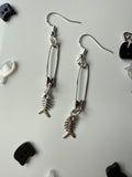Black Cat Fishbone Safety Pin Earrings | Sterling Silver Ear Hooks | Gothic Kawaii Jewellery