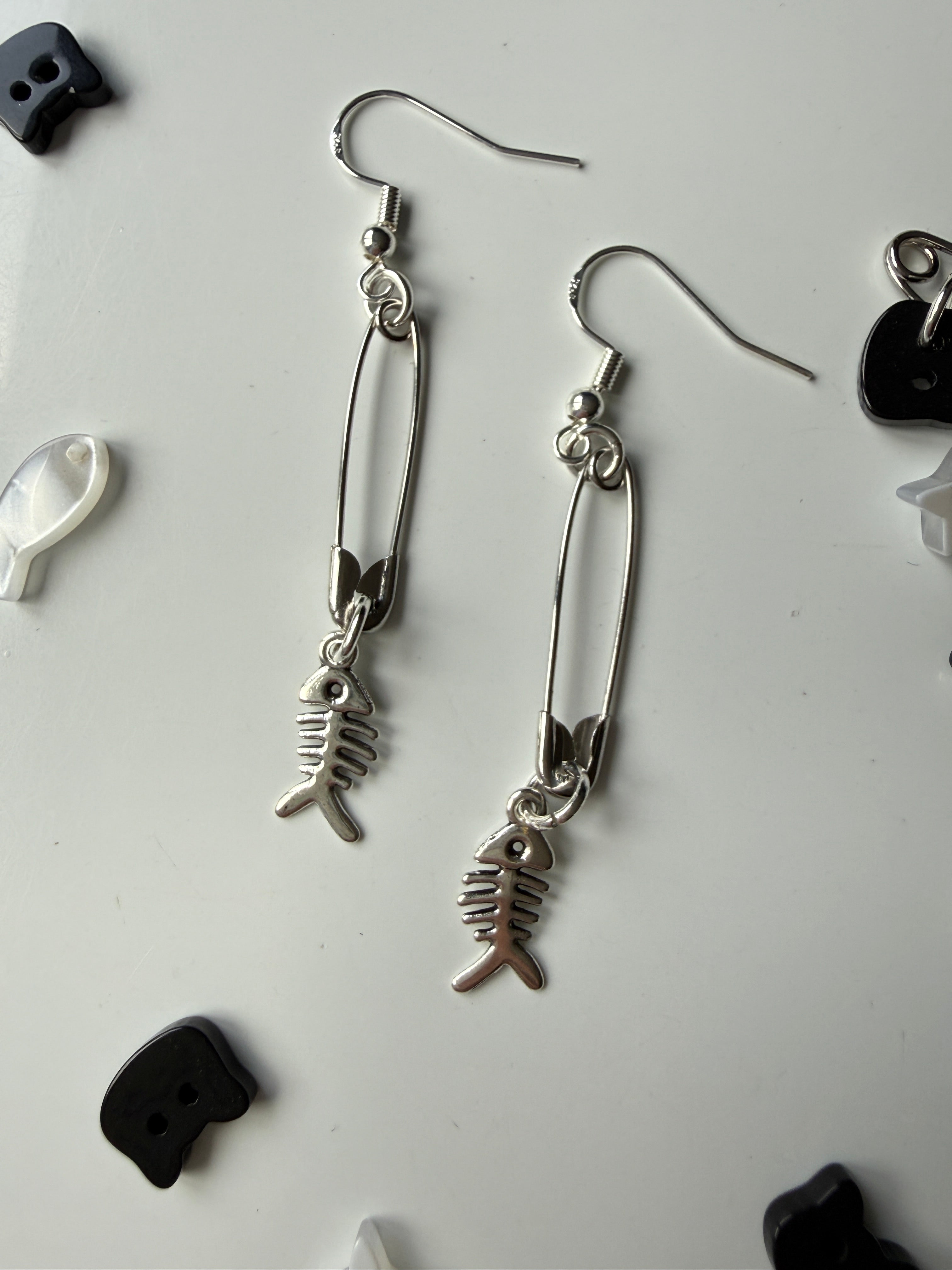 Black Cat Fishbone Safety Pin Earrings | Sterling Silver Ear Hooks | Gothic Kawaii Jewellery