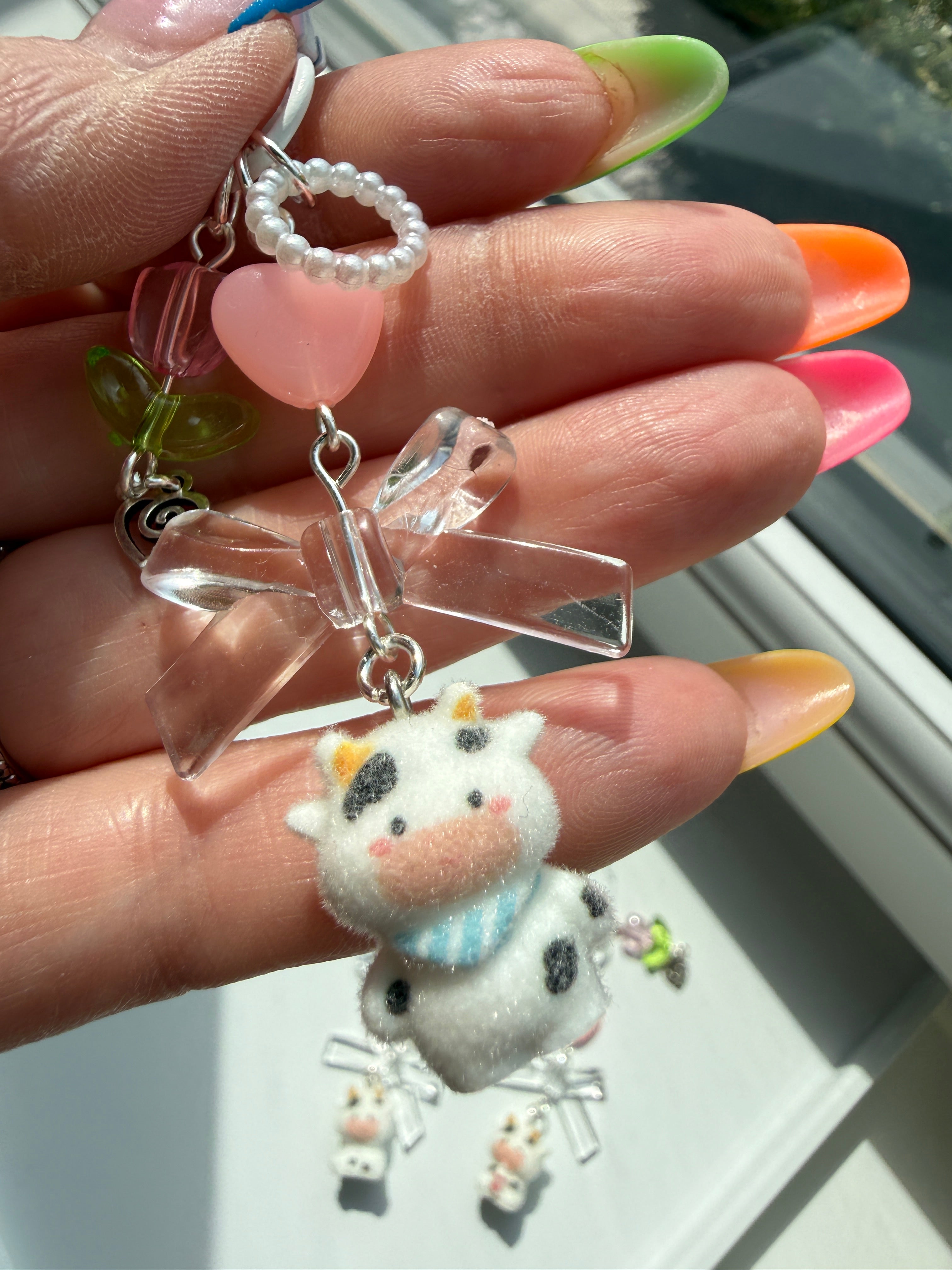 Handmade Fuzzy Cow Bag Charm | Kawaii Cow Keychain | Pastel Coquette Phone Charm | Cute Cottagecore Gift | Farmcore Accessory