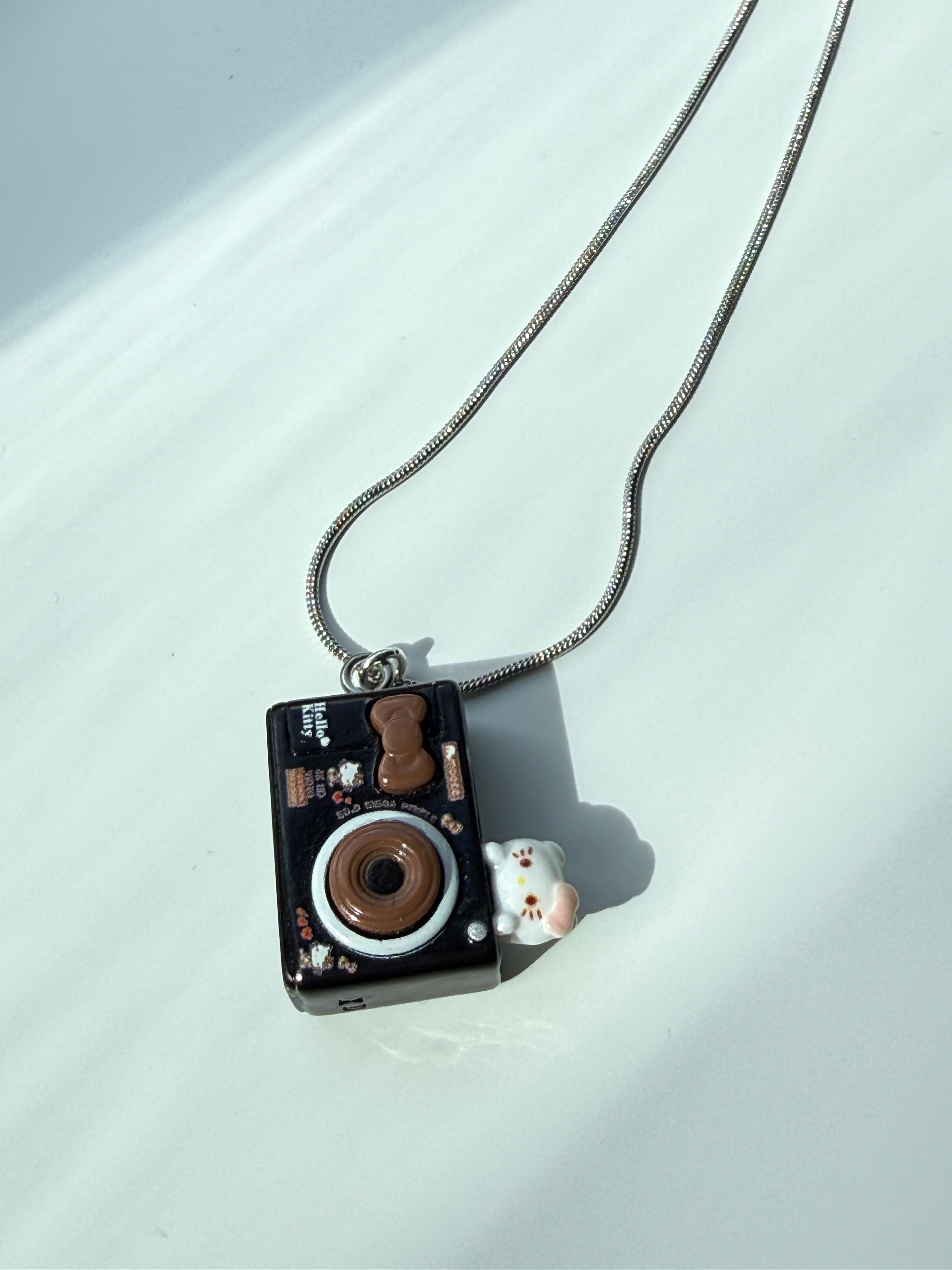 Hello Kitty Inspired Camera Necklace, Stainless Steel Snake Chain 18in | Kawaii Y2K Pendant Necklace