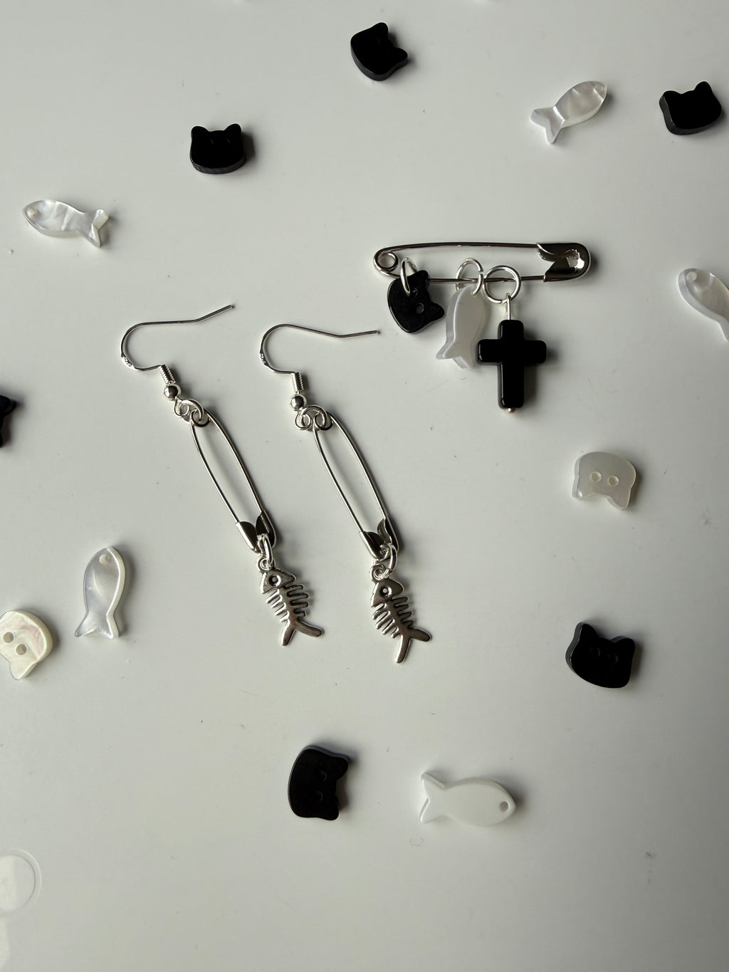 Black Cat Fishbone Safety Pin Earrings | Sterling Silver Ear Hooks | Gothic Kawaii Jewellery