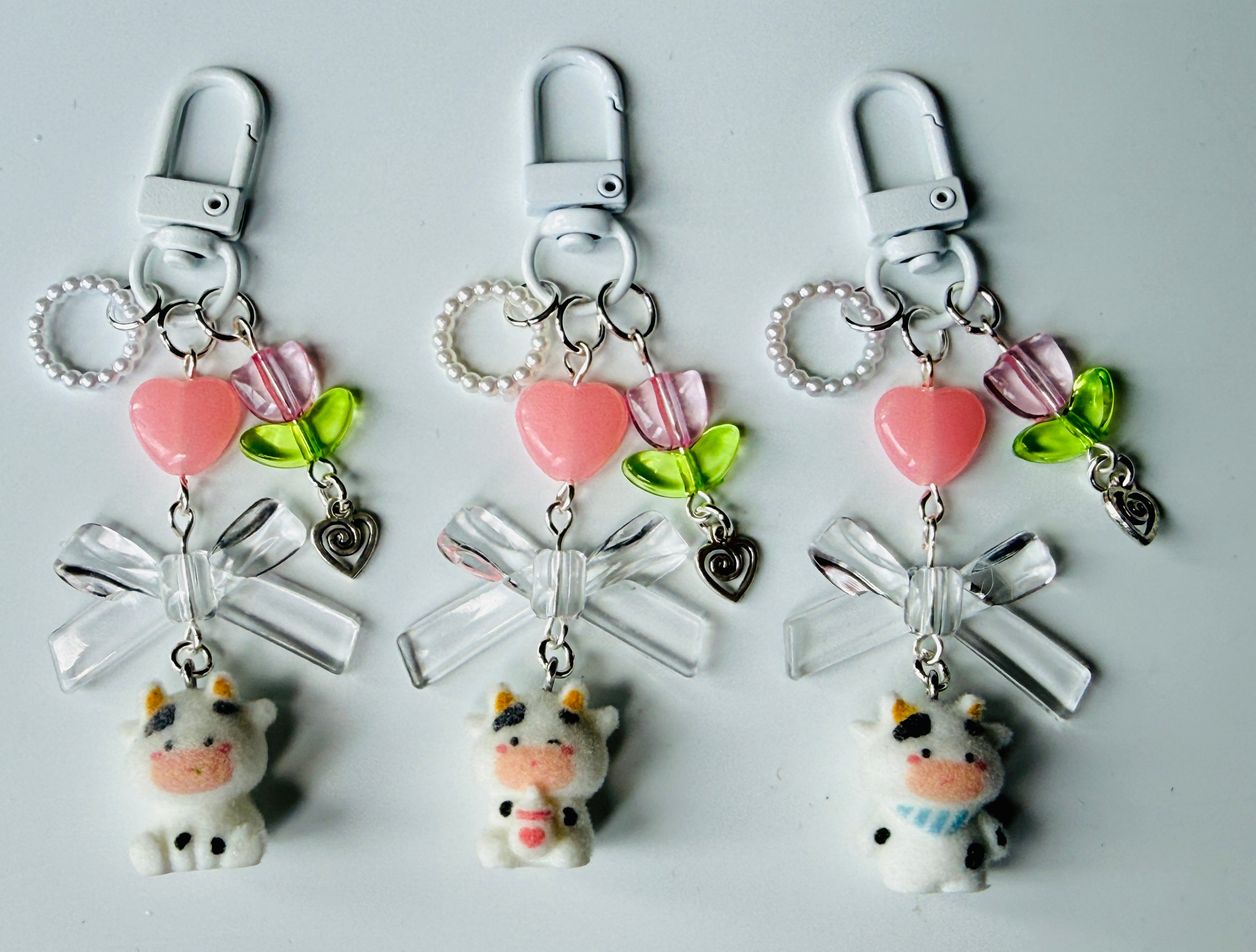 Handmade Fuzzy Cow Bag Charm | Kawaii Cow Keychain | Pastel Coquette Phone Charm | Cute Cottagecore Gift | Farmcore Accessory