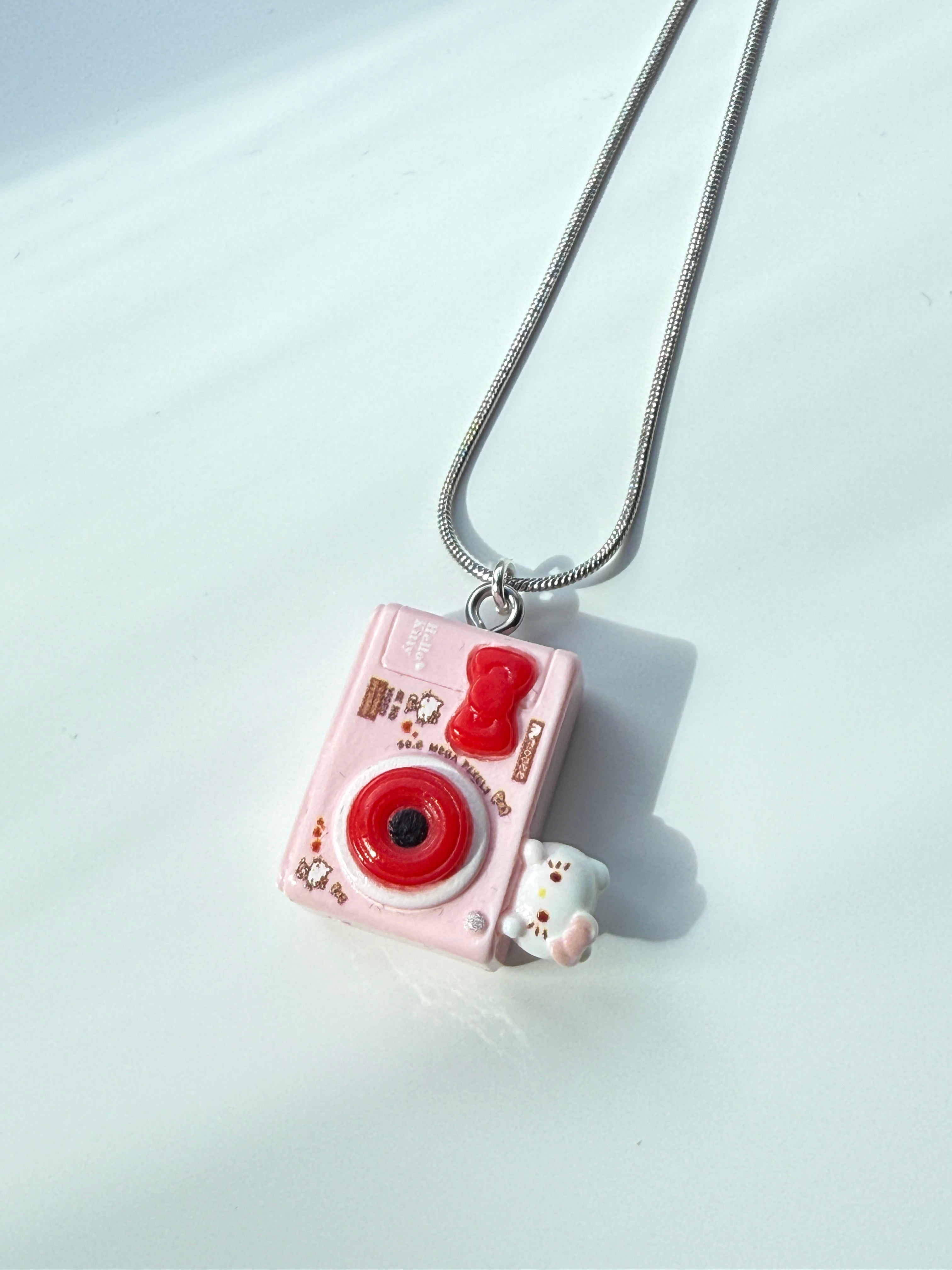 Hello Kitty Inspired Camera Necklace, Stainless Steel Snake Chain 18in | Kawaii Y2K Pendant Necklace