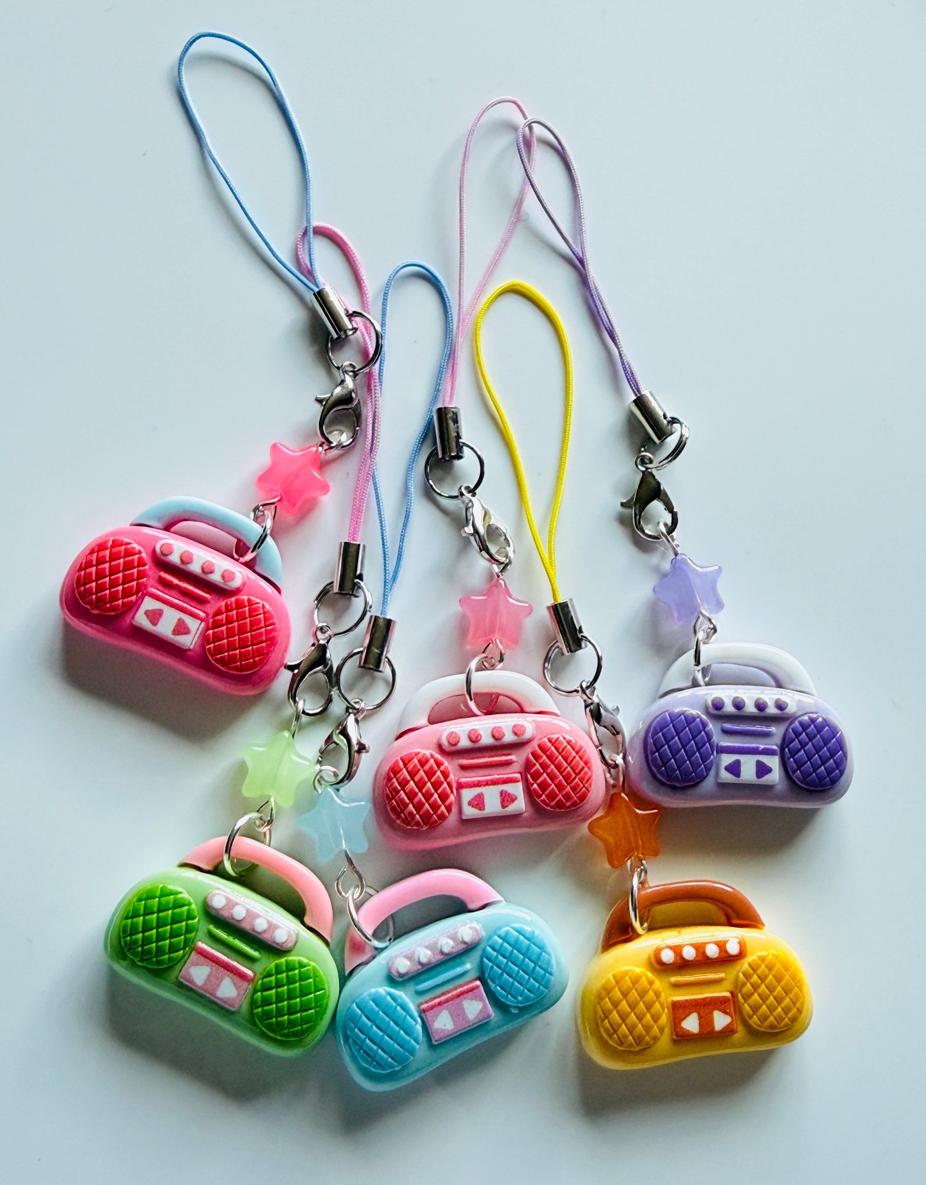 Handmade Kawaii Boombox Phone Charm, Y2K Retro Music charm, Pastel Tech Accessory