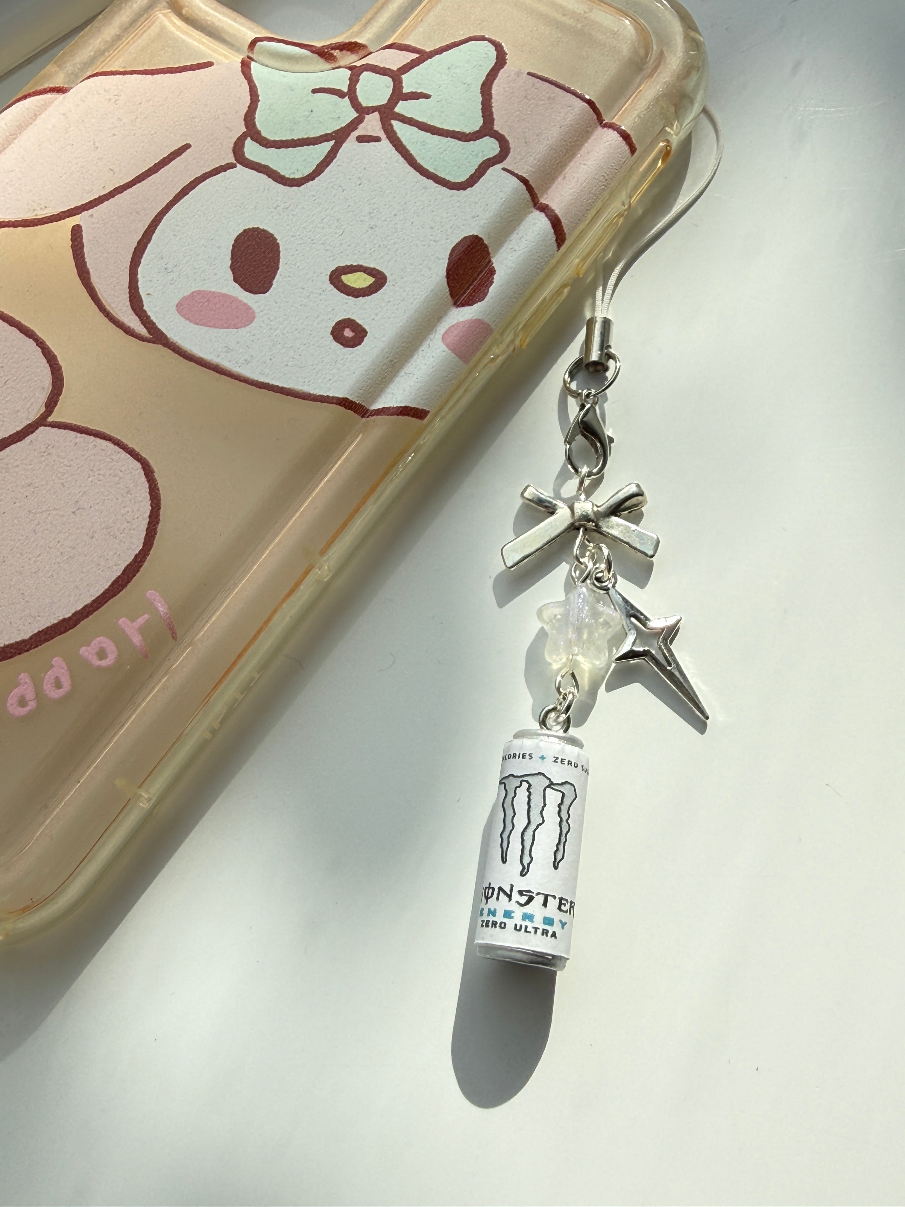 Mini Energy Drink Can Phone Charm  Handmade Mini Can Phone Strap | Kawaii Y2K Accessory | Cute Bag Charm | White & Silver