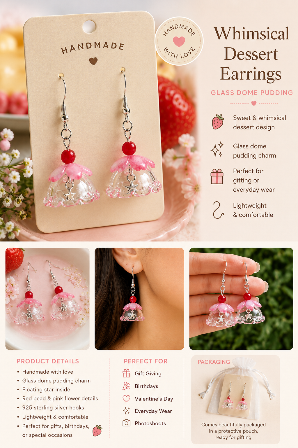 Whimsical Glass Pudding Earrings | Sterling Silver hooks Handmade Jewellery