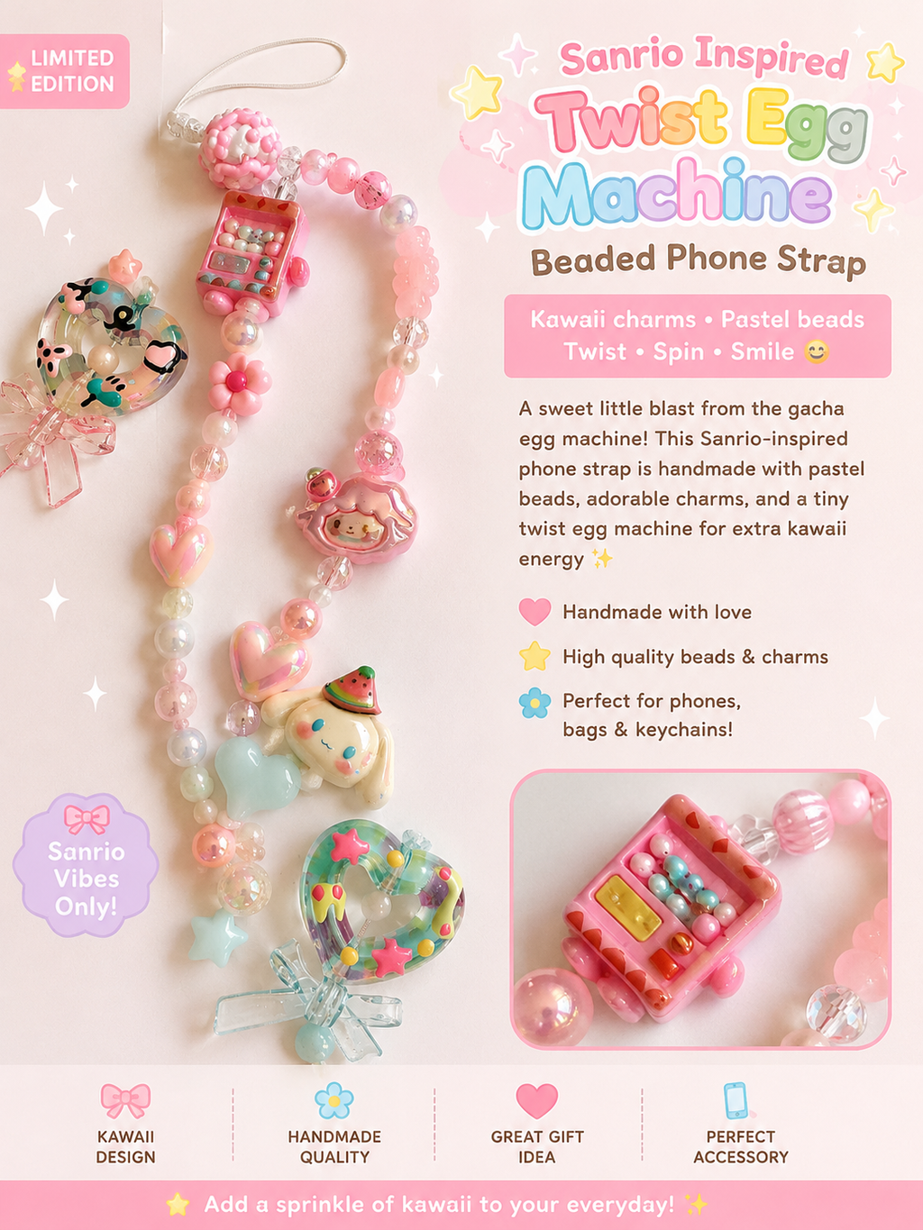 Sanrio Inspired Twist Egg Machine Beaded Phone Strap