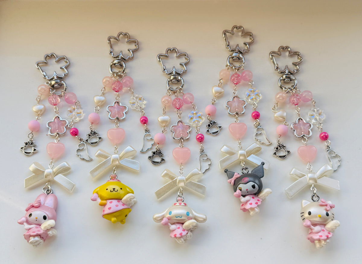 Kawaii Angel Character Beaded Keychain | Pink Beaded Kawaii Keyring | Cute Character bag charm