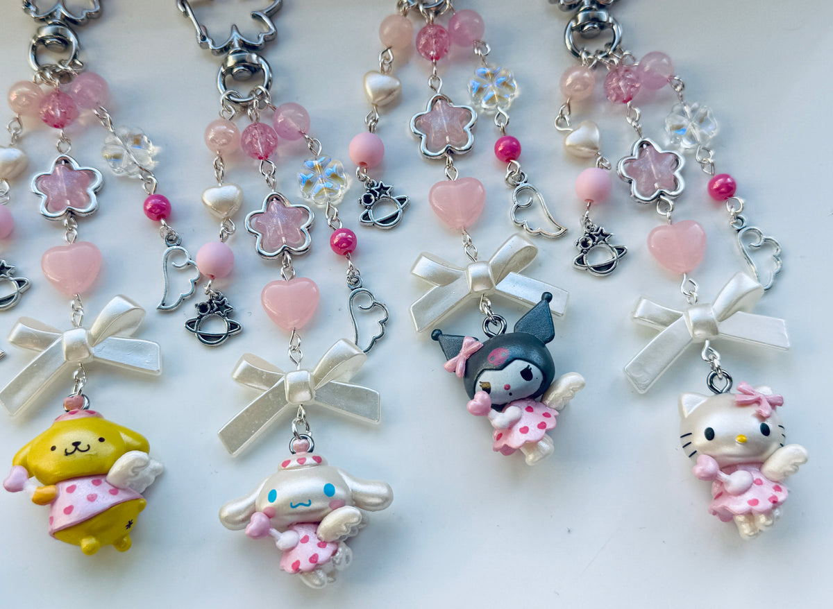 Kawaii Angel Character Beaded Keychain | Pink Beaded Kawaii Keyring | Cute Character bag charm