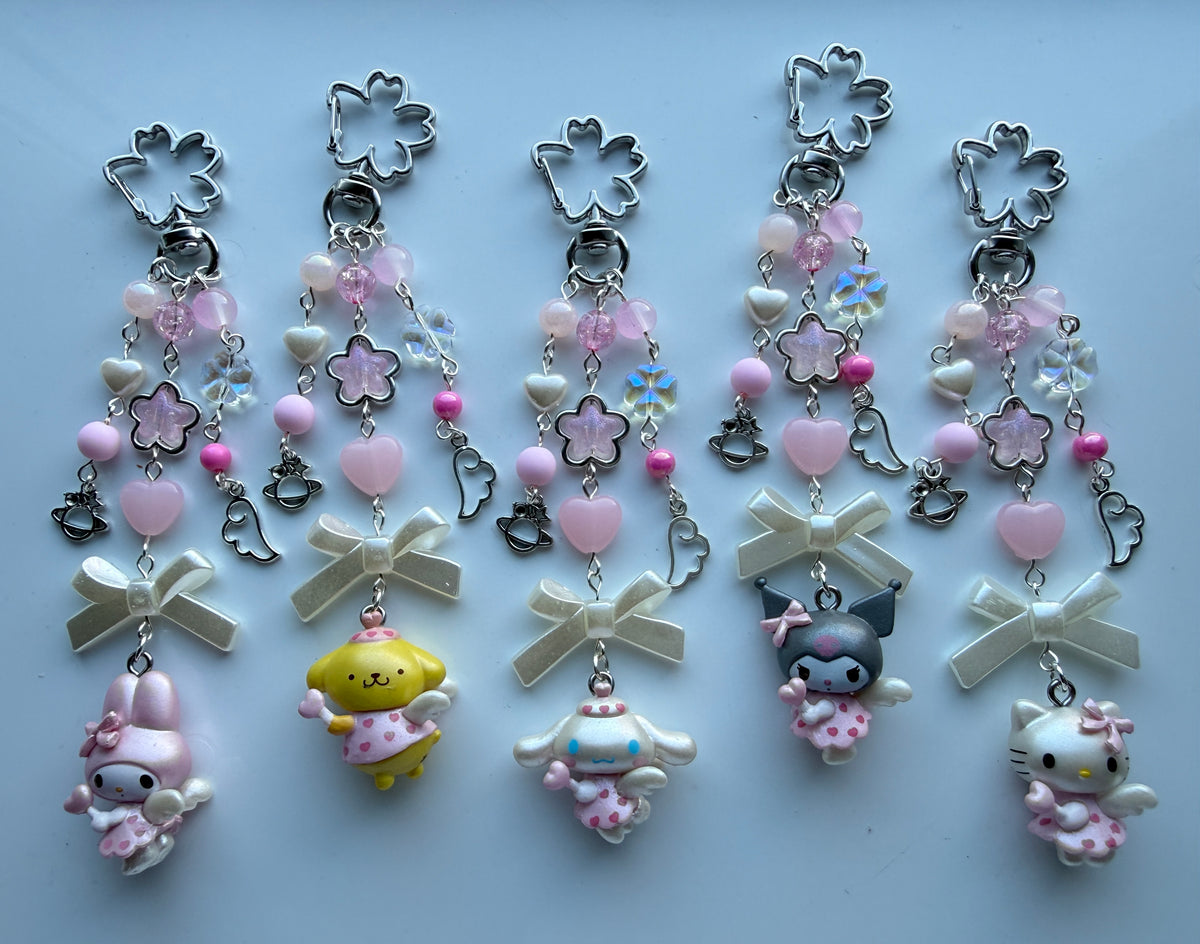 Kawaii Angel Character Beaded Keychain | Pink Beaded Kawaii Keyring | Cute Character bag charm