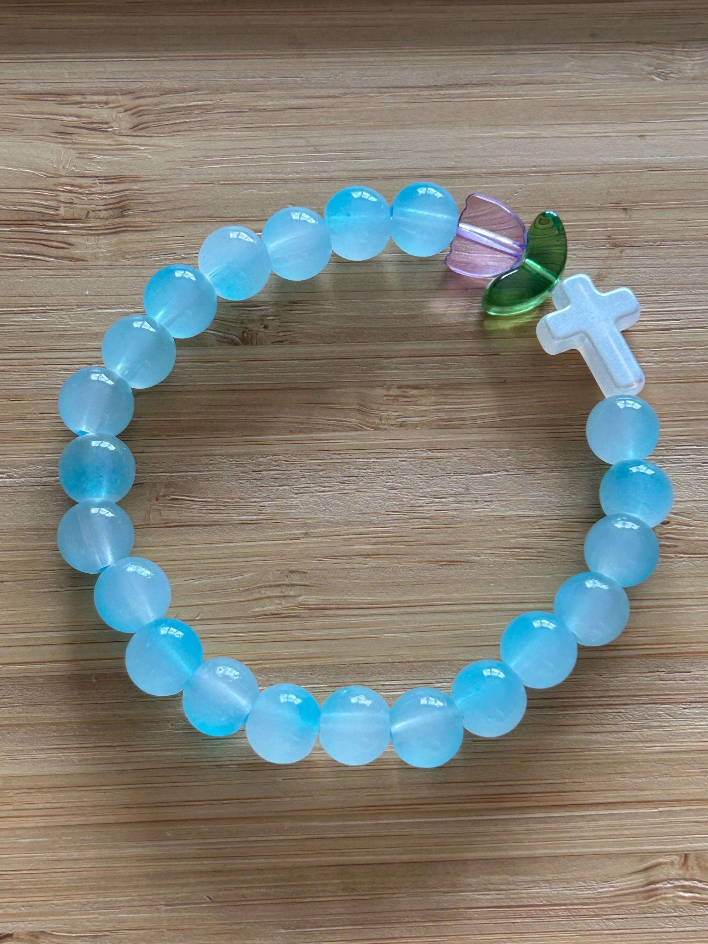 Handmade Beautiful Coquette Tulip Bead Bracelets Blue Green Leaf
