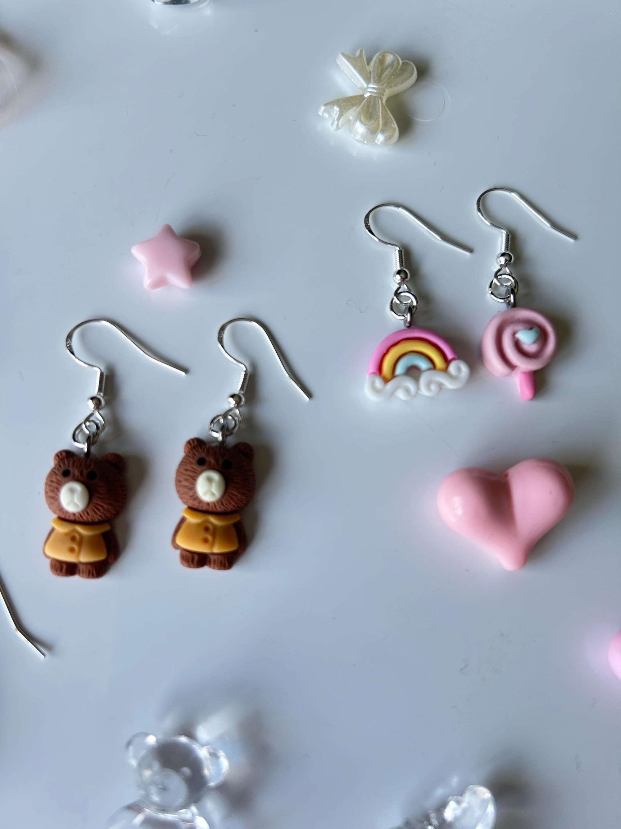 Handmade Super Cute Coquette Sterling Silver Fish Hook Earrings with Cute Bunnies and Bears