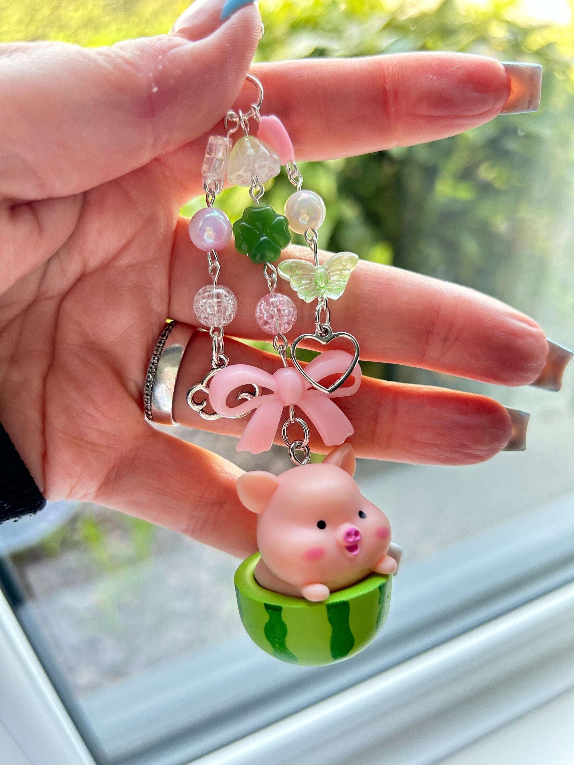 HANDMADE Cute Kawaii Piggy in a Watermelon Keychain