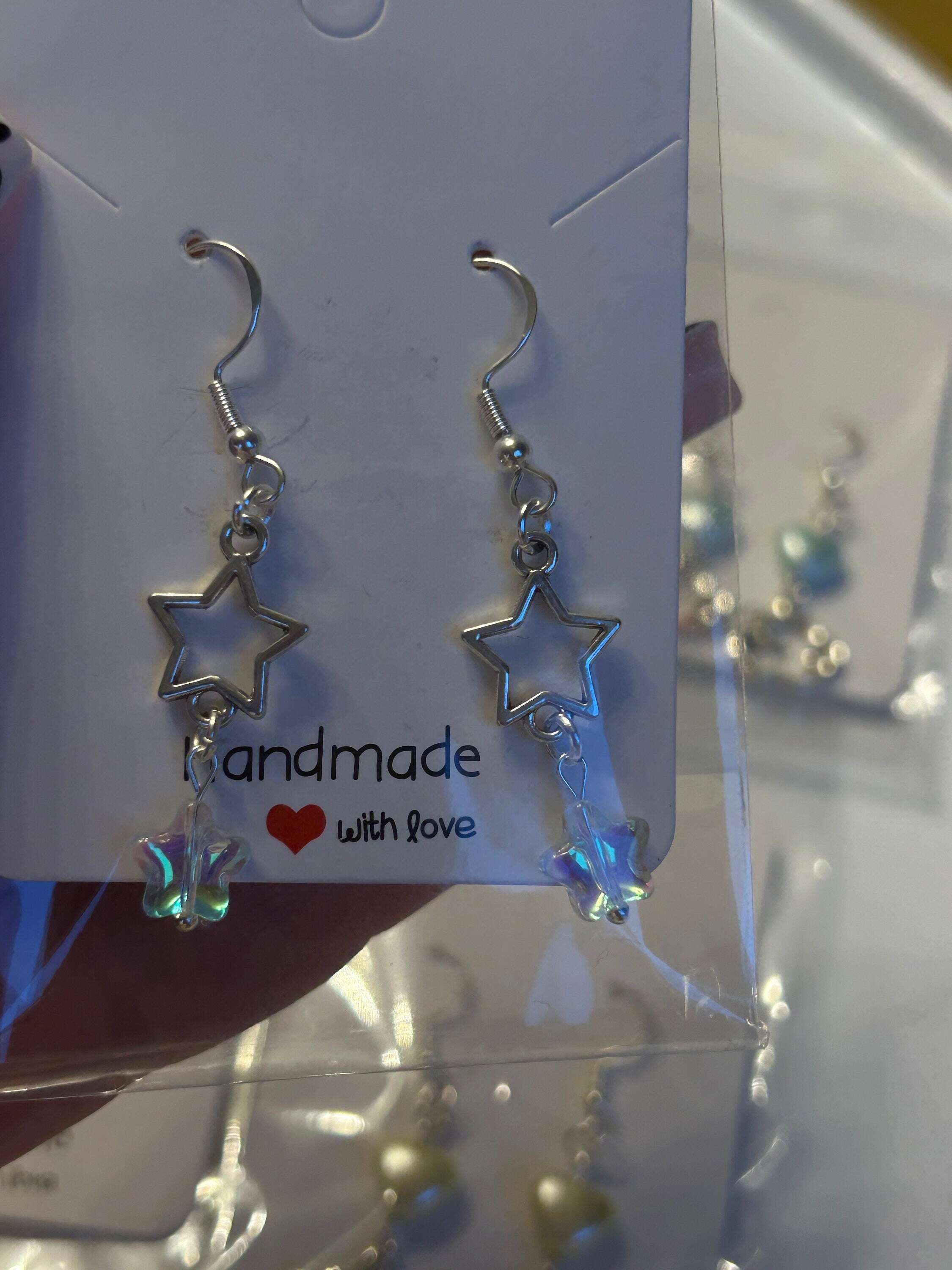 Handmade Cute Coquette Sterling Silver Clouds and Stars Earrings Star Shimmer