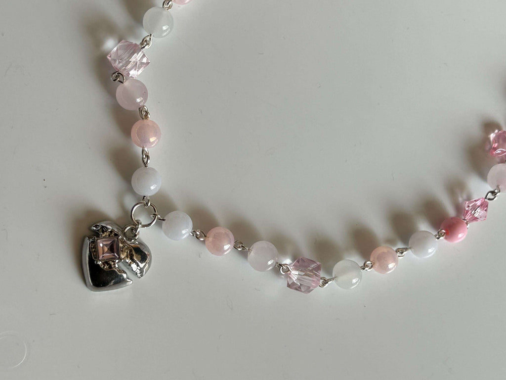 Handmade Pink Hearts and Bows Necklace 16”