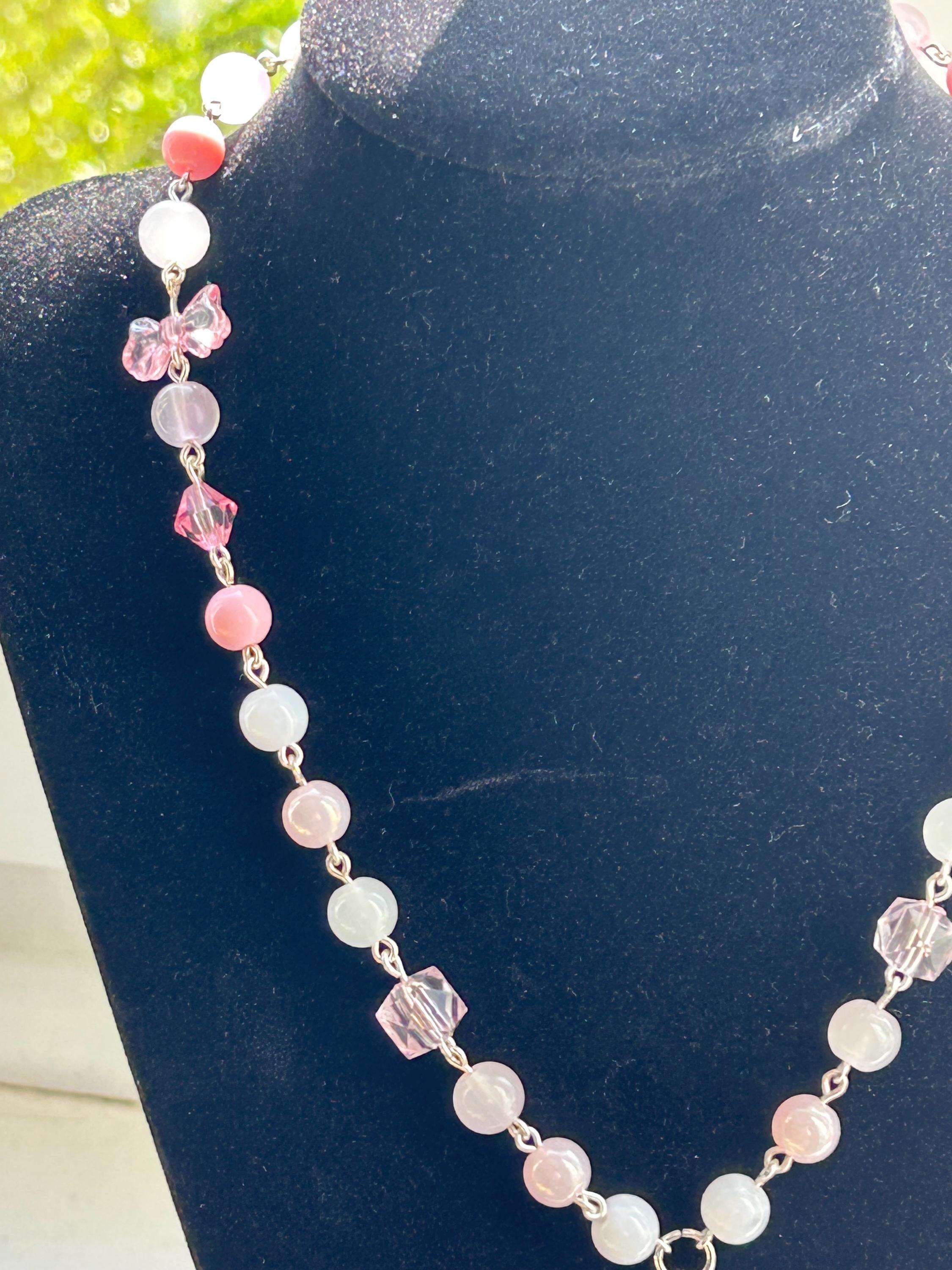 Handmade Pink Hearts and Bows Necklace 16”