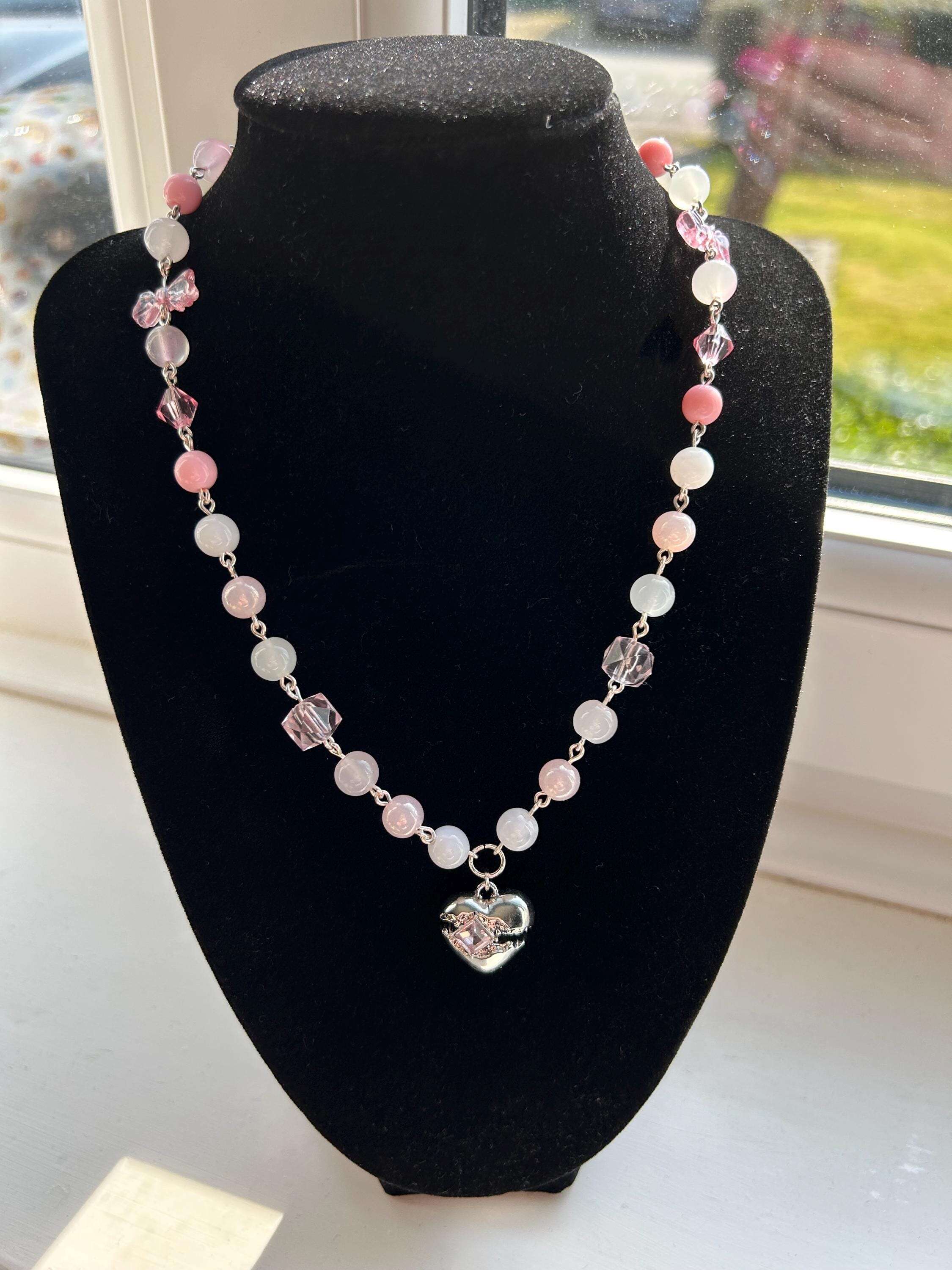 Handmade Pink Hearts and Bows Necklace 16”