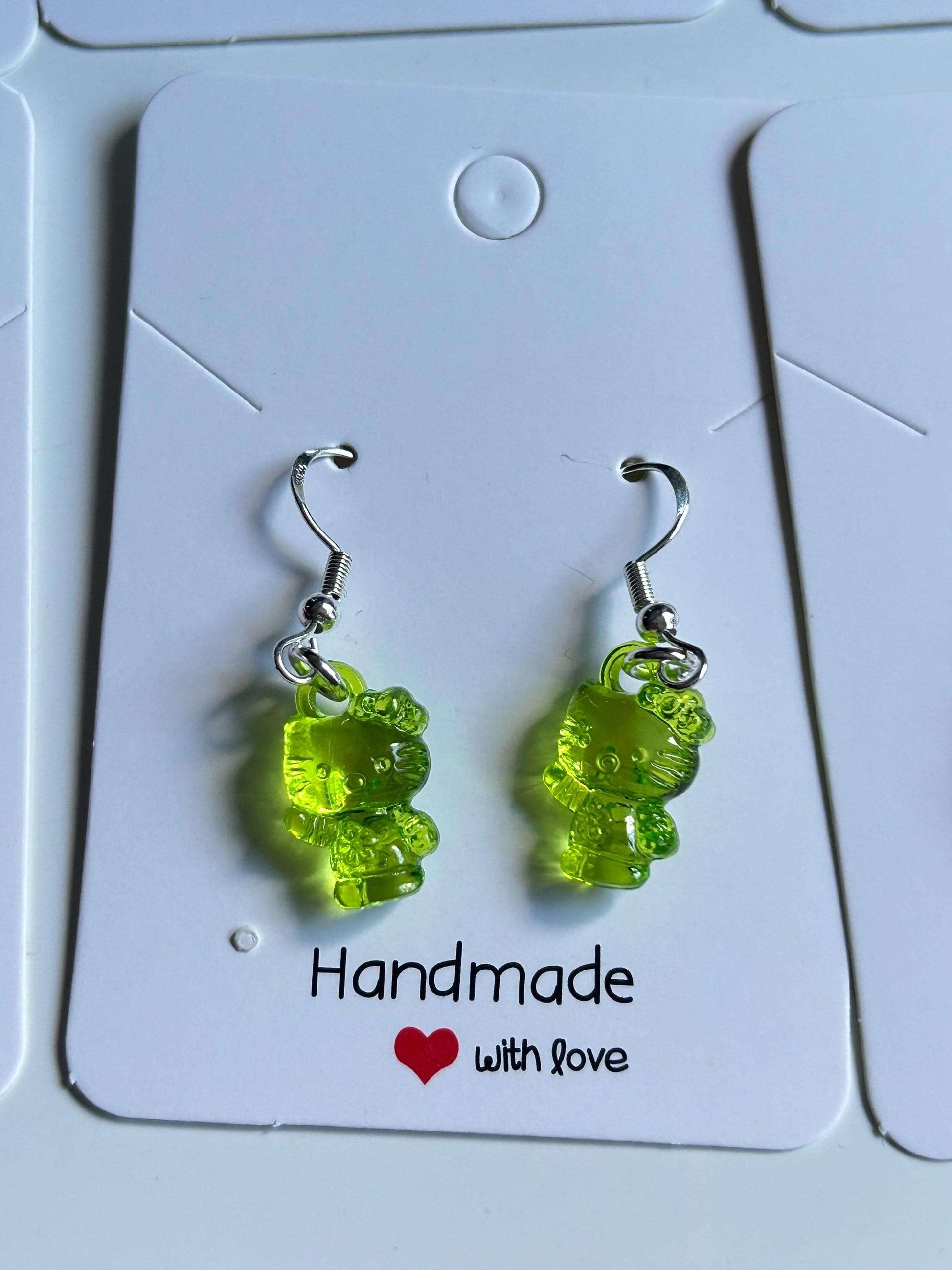 Handmade Cute Hello kitty Themed Sterling Silver Earrings Green