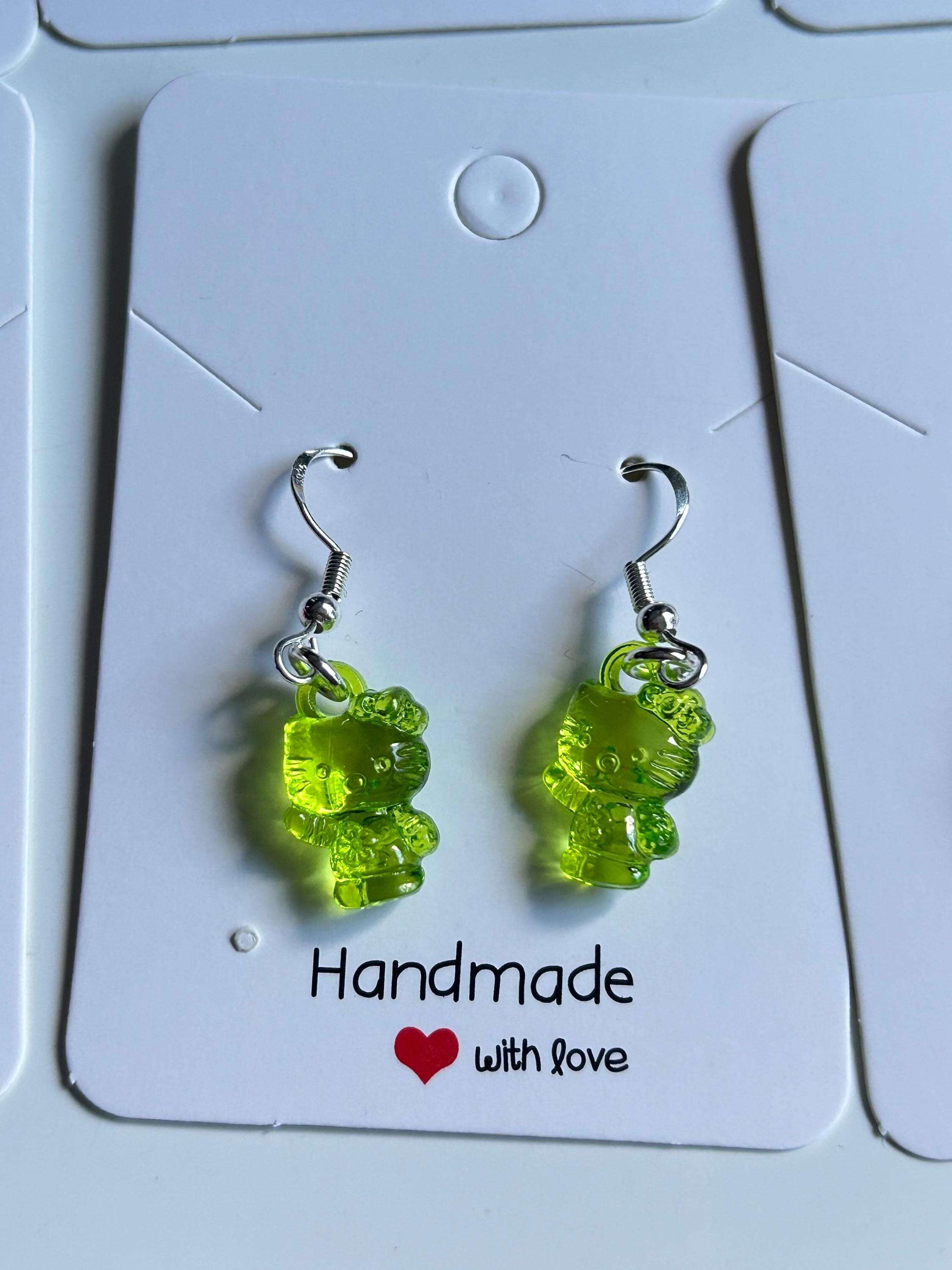 Handmade Cute Hello kitty Themed Sterling Silver Earrings Green