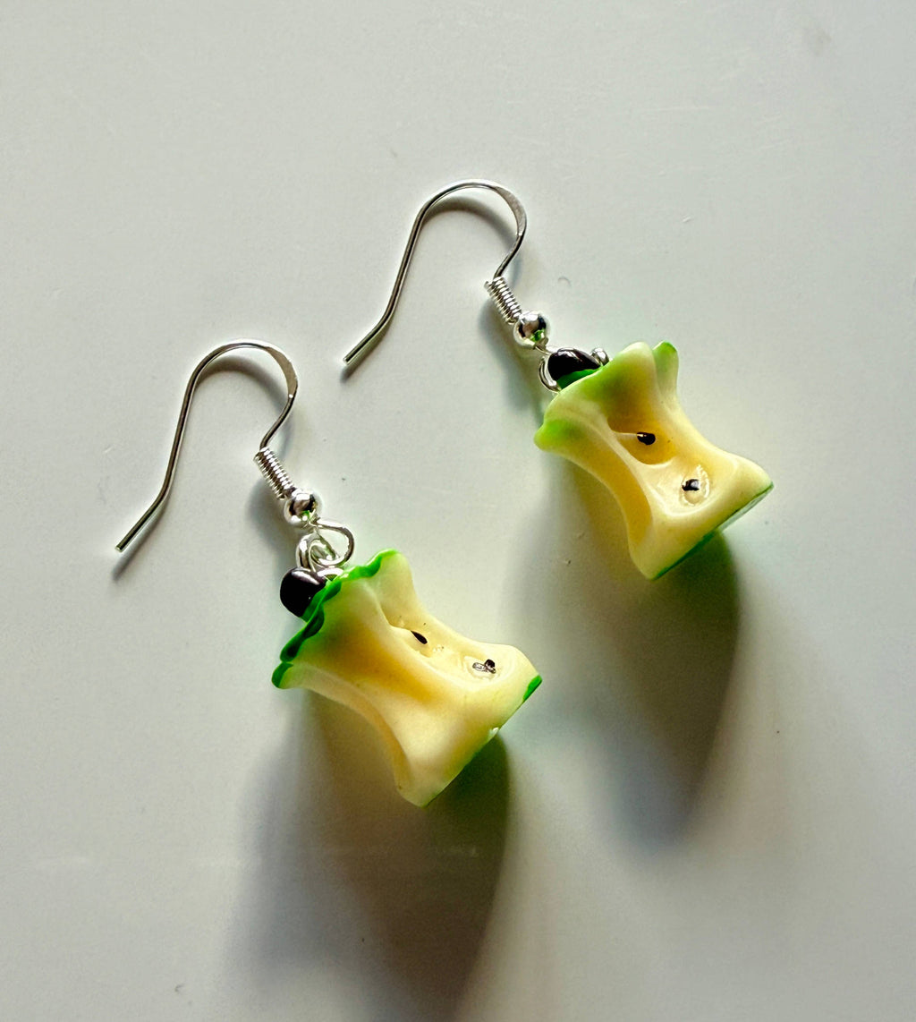 Green Apple Core Earrings Handmade Kawaii Fruit Jewellery | Cute Resin Dangle Earrings Y2K Aesthetic Beadsbylillixx