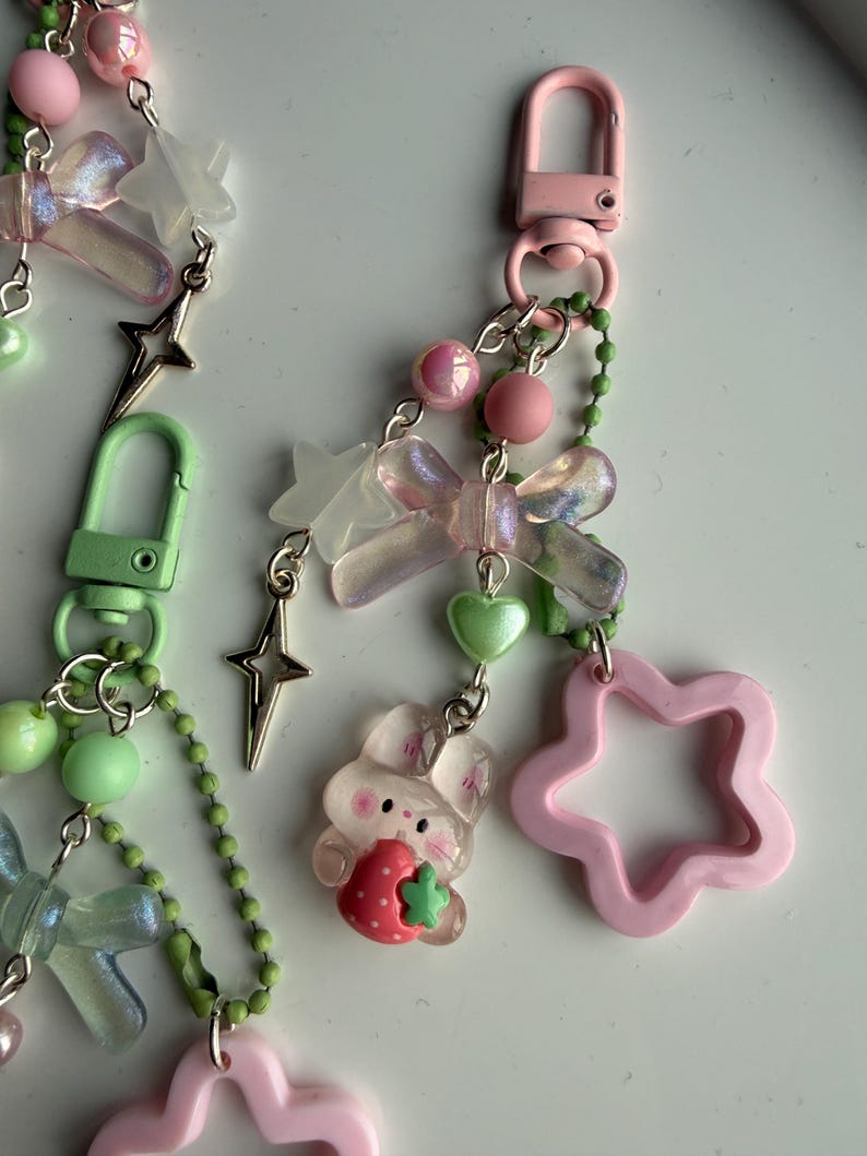 Handmade Cute Coquette Strawberry Matcha bunny keychains Beadsbylillixx
