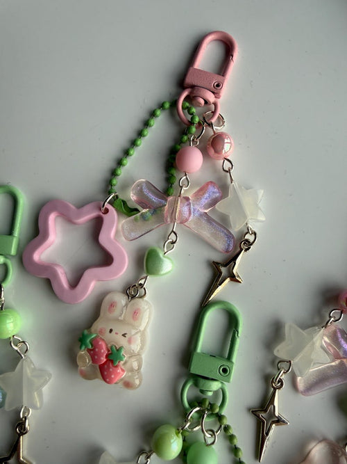Handmade Cute Coquette Strawberry Matcha bunny keychains Beadsbylillixx