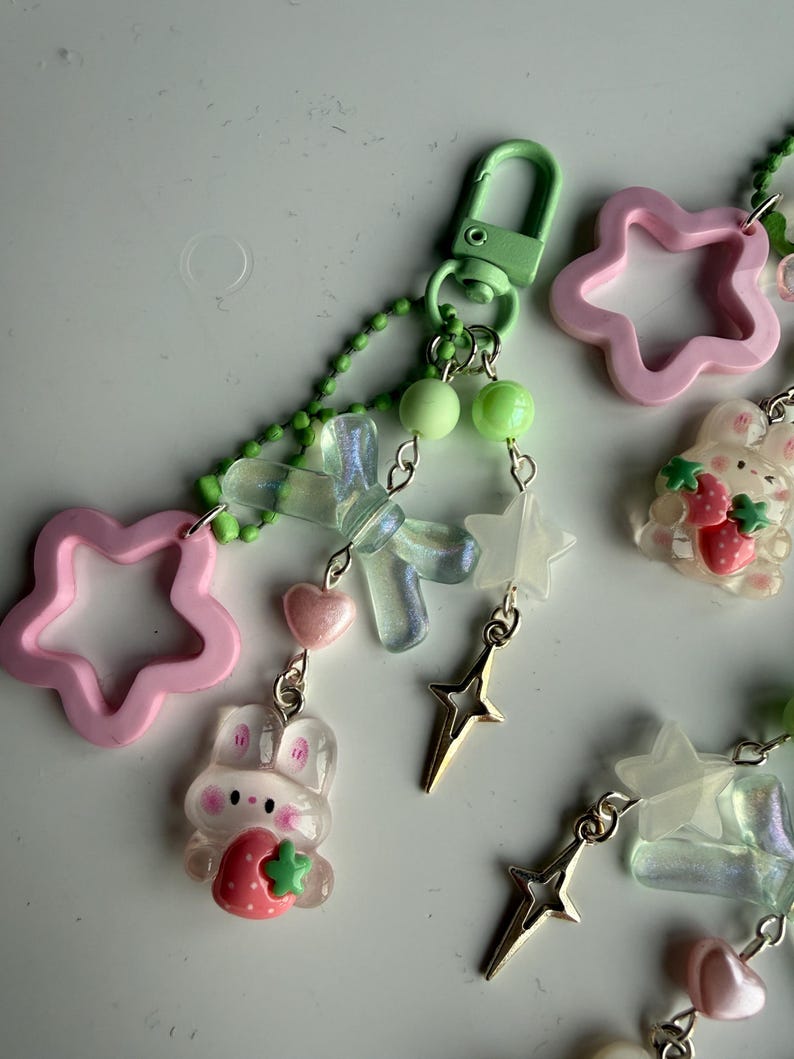 Handmade Cute Coquette Strawberry Matcha bunny keychains Beadsbylillixx