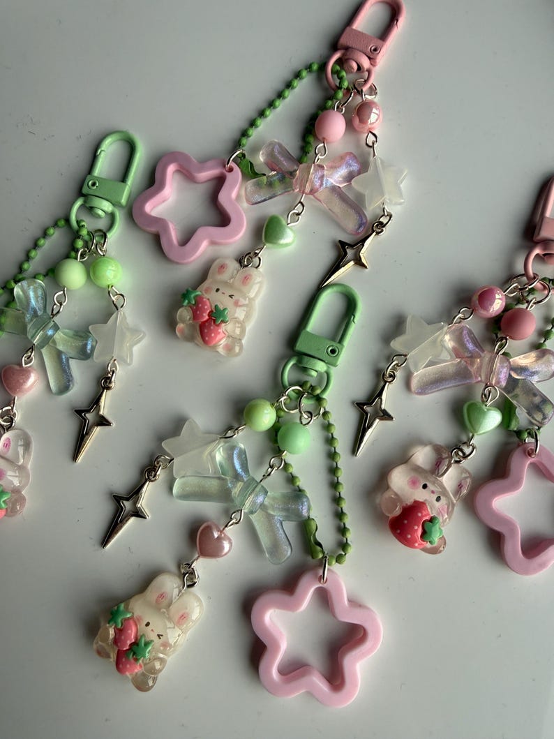 Handmade Cute Coquette Strawberry Matcha bunny keychains Beadsbylillixx