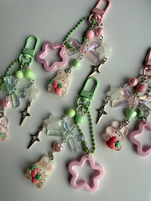Handmade Cute Coquette Strawberry Matcha bunny keychains Beadsbylillixx