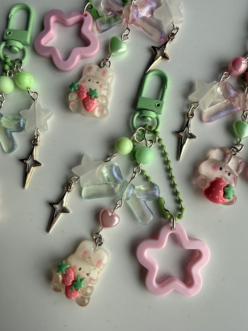 Handmade Cute Coquette Strawberry Matcha bunny keychains Beadsbylillixx