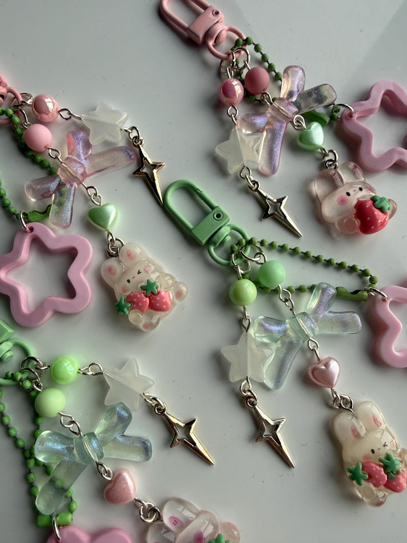Handmade Cute Coquette Strawberry Matcha bunny keychains Beadsbylillixx