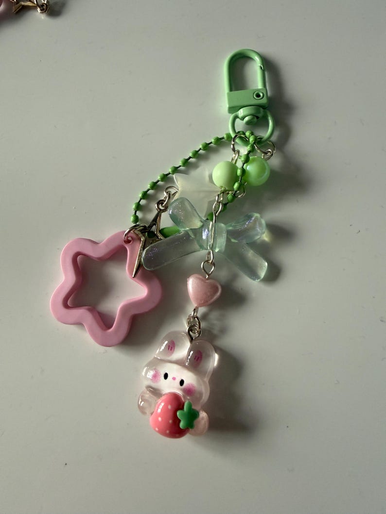 Handmade Cute Coquette Strawberry Matcha bunny keychains Beadsbylillixx