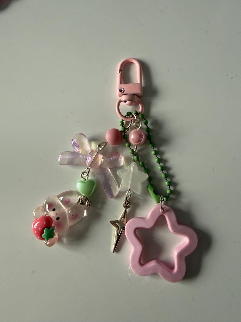 Handmade Cute Coquette Strawberry Matcha bunny keychains Beadsbylillixx