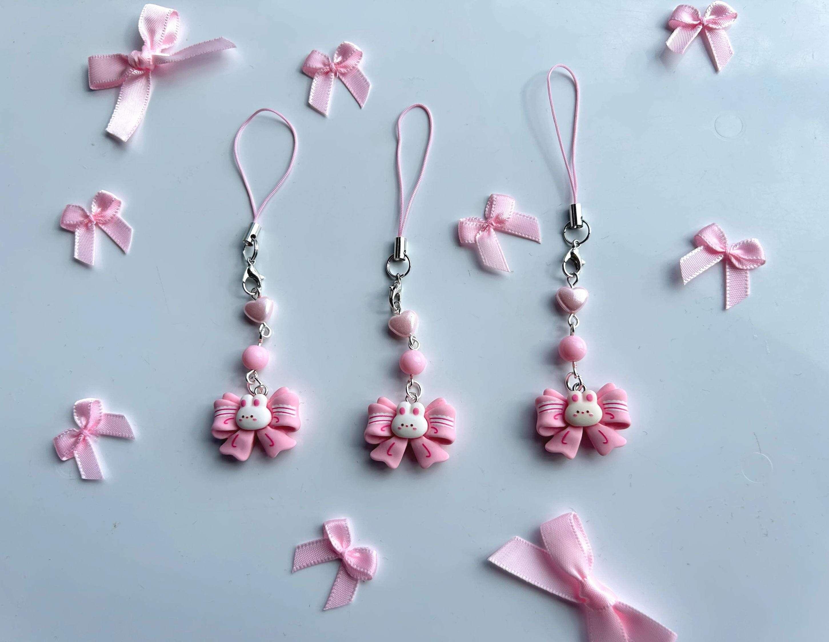 HANDMADE Cute Kawaii Pink Bow Bunny Phone Charms - Beadsbylillixx