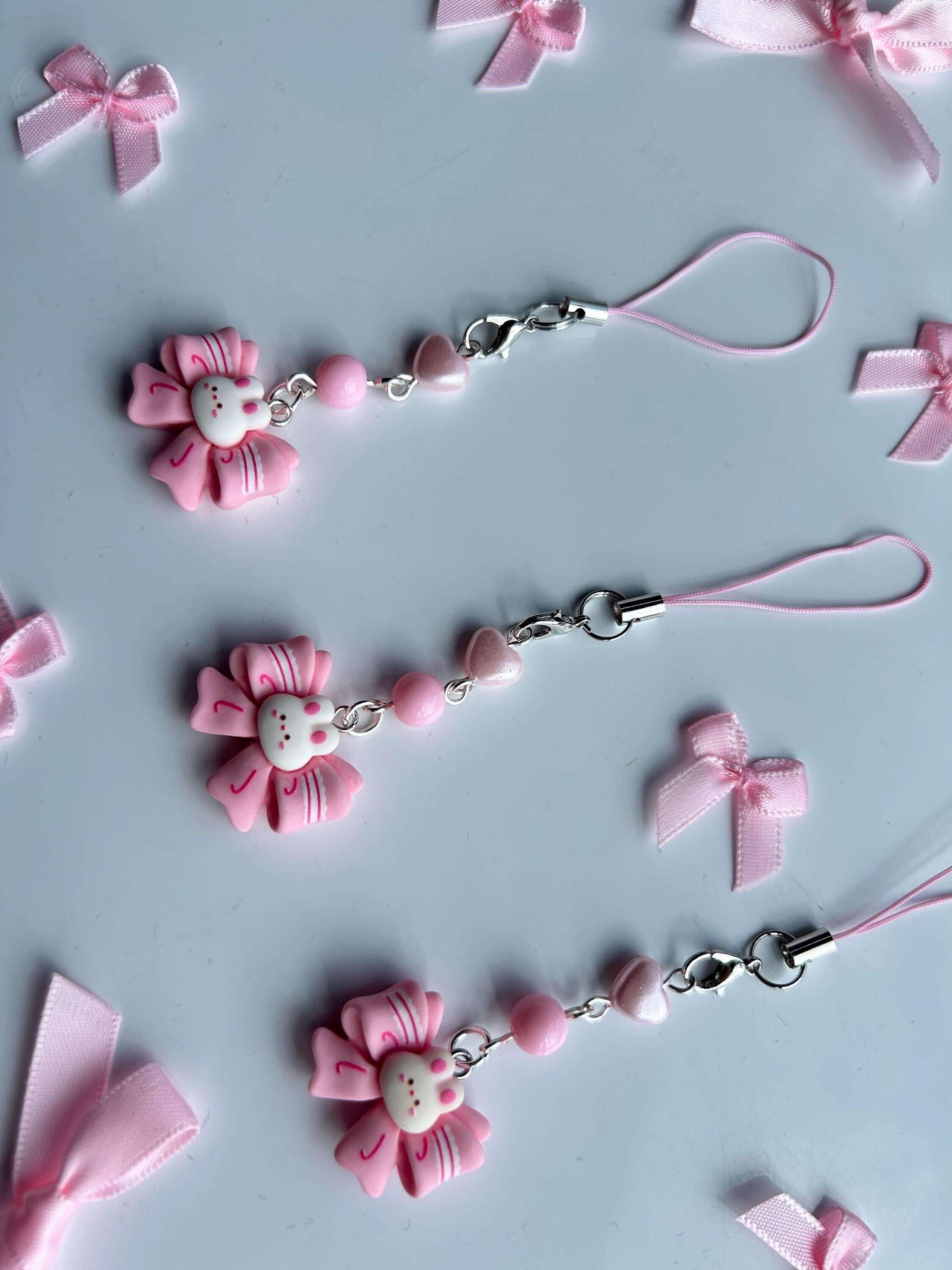 HANDMADE Cute Kawaii Pink Bow Bunny Phone Charms - Beadsbylillixx