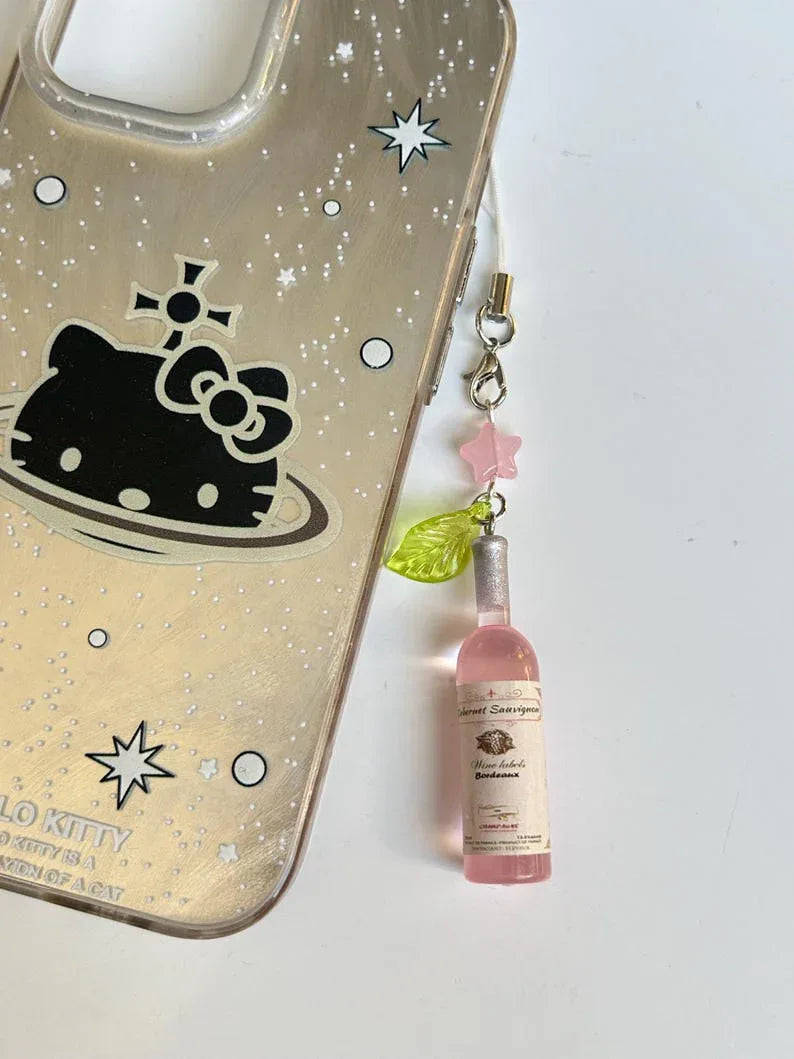 Handmade Cute Kawaii Pink Rosé bottle Phone charm, Beaded Jewelry, beaded accessories, aesthetic, pastel pink phone charm, drink charm Beadsbylillixx