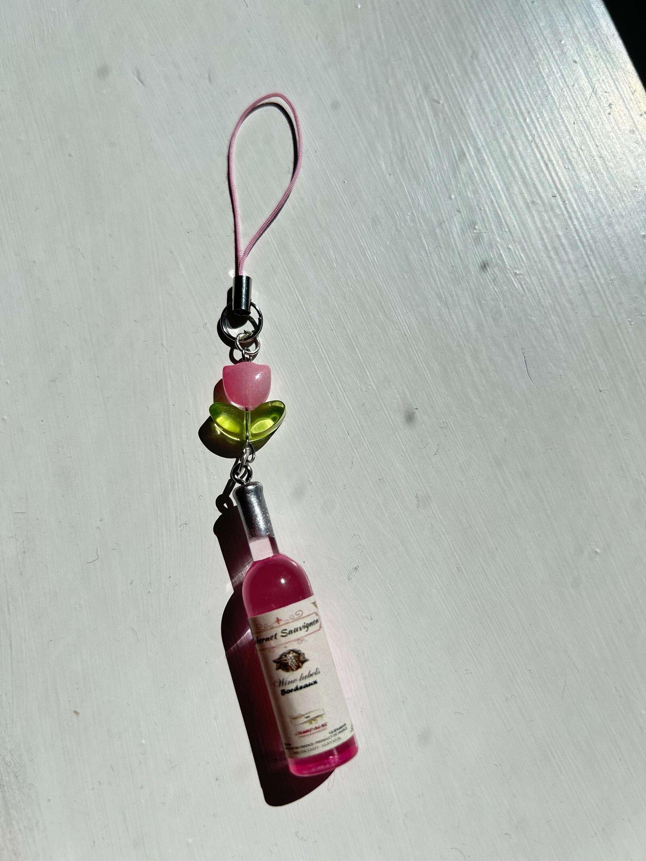 HANDMADE Cute Kawaii Pink Wine Bottle Phone Charm - Beadsbylillixx