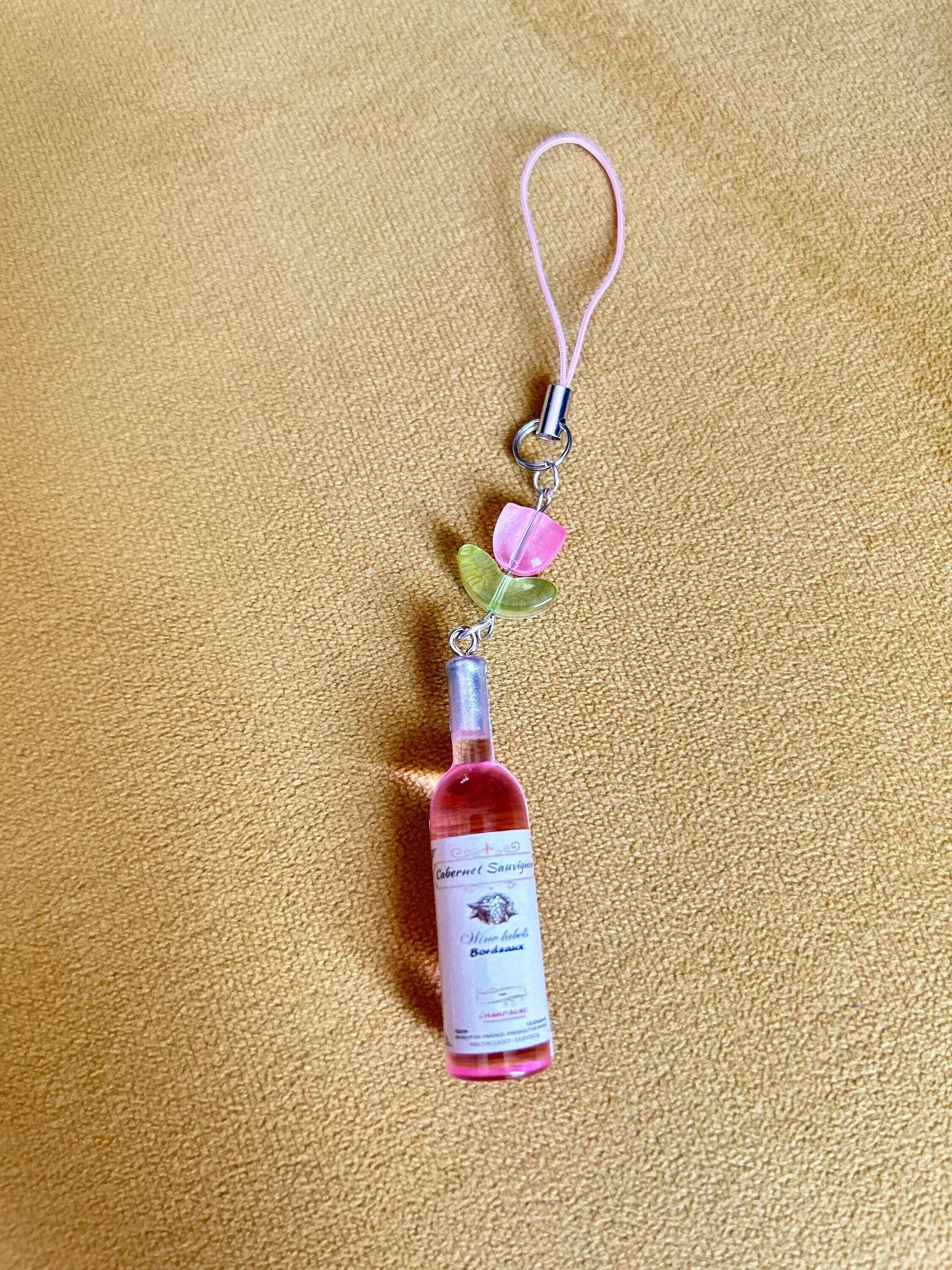 HANDMADE Cute Kawaii Pink Wine Bottle Phone Charm - Beadsbylillixx