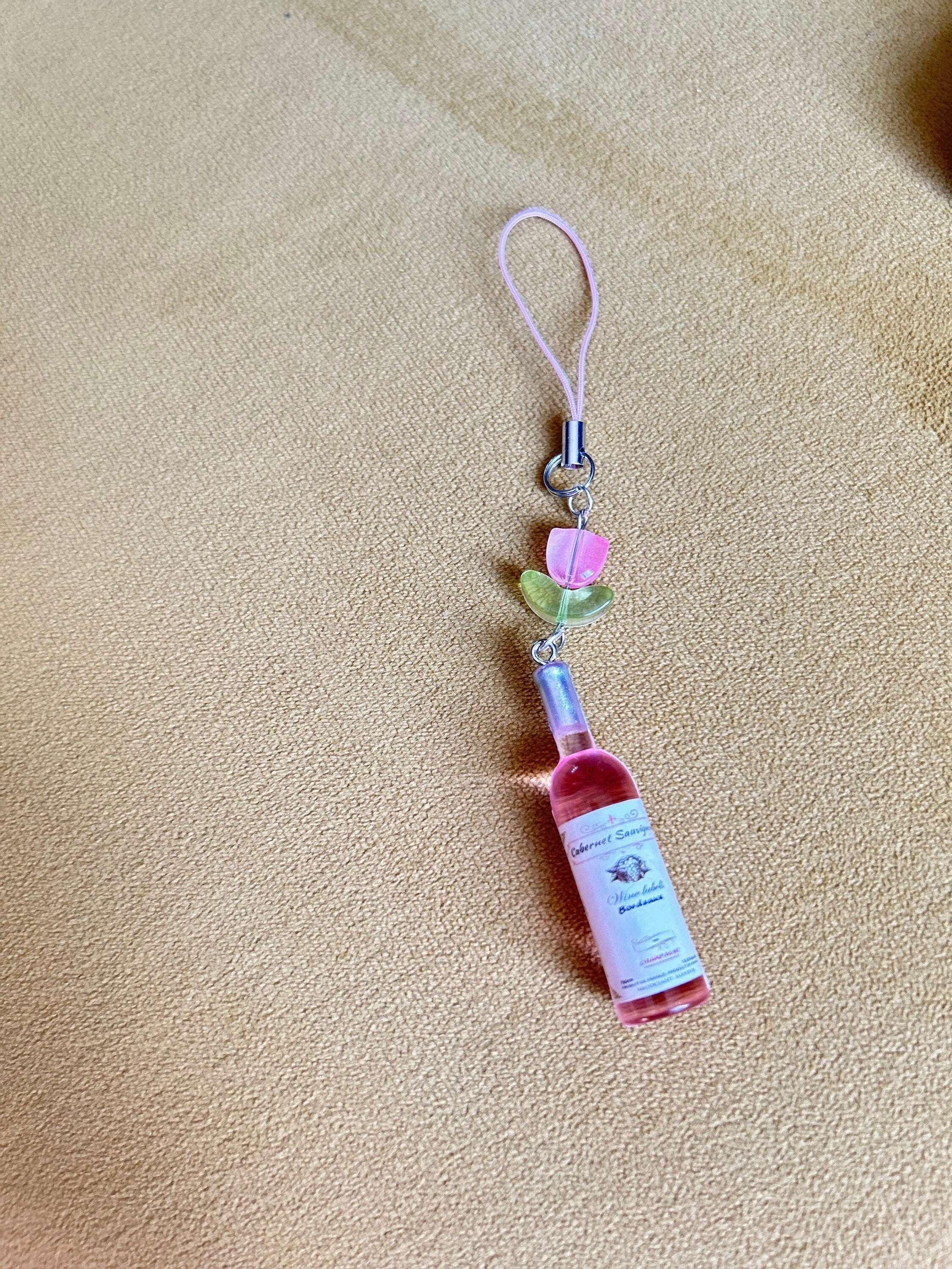 HANDMADE Cute Kawaii Pink Wine Bottle Phone Charm - Beadsbylillixx