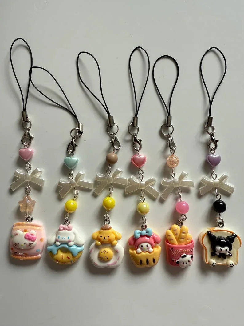 Handmade Cute Sanrio themed food Phone charms, beaded accessories, Hk, My Mld, kuromi, kawaii phone charm Beadsbylillixx