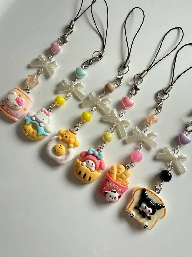 Handmade Cute Sanrio themed food Phone charms, beaded accessories, Hk, My Mld, kuromi, kawaii phone charm Beadsbylillixx