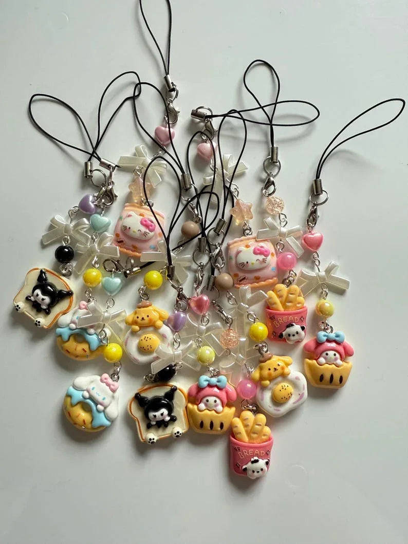 Handmade Cute Sanrio themed food Phone charms, beaded accessories, Hk, My Mld, kuromi, kawaii phone charm Beadsbylillixx