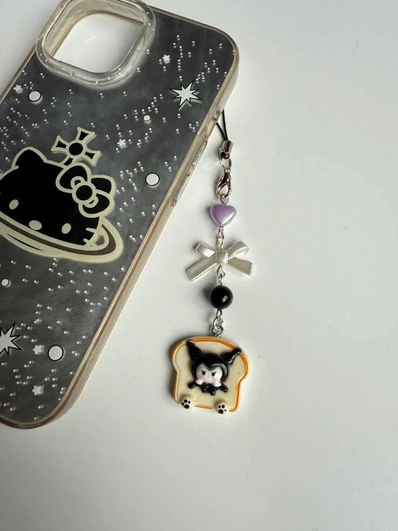 Handmade Cute Sanrio themed food Phone charms, beaded accessories, Hk, My Mld, kuromi, kawaii phone charm Beadsbylillixx