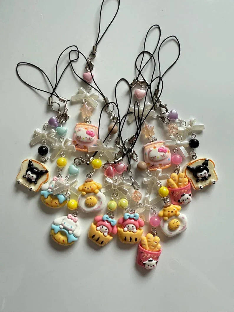 Handmade Cute Sanrio themed food Phone charms, beaded accessories, Hk, My Mld, kuromi, kawaii phone charm Beadsbylillixx